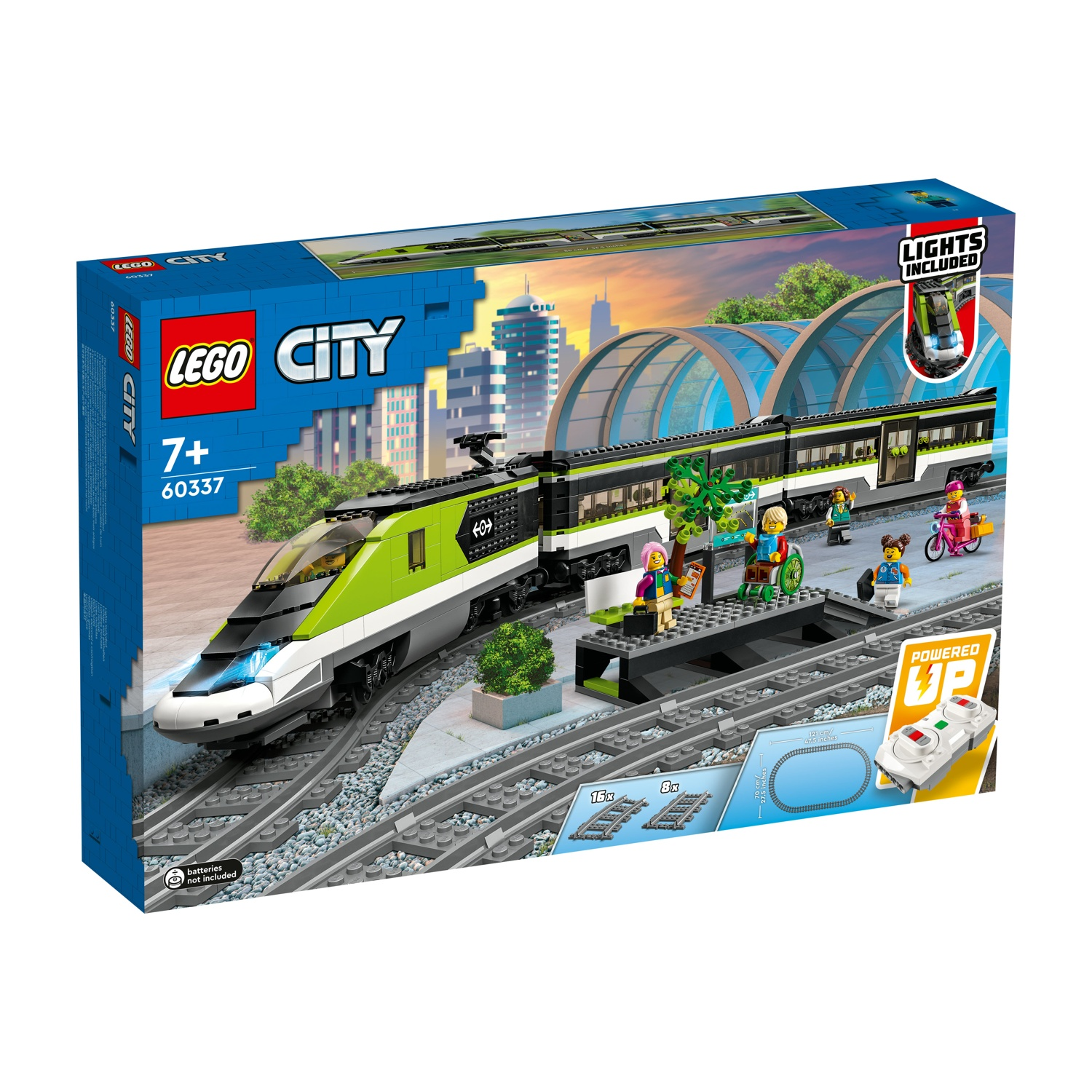 Scatola set treno Lego City. Treno verde e bianco, personaggi e binari.