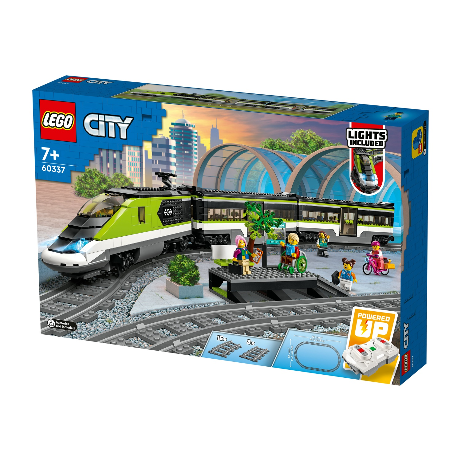 Scatola del set treno Lego City con treno, binari e figure.