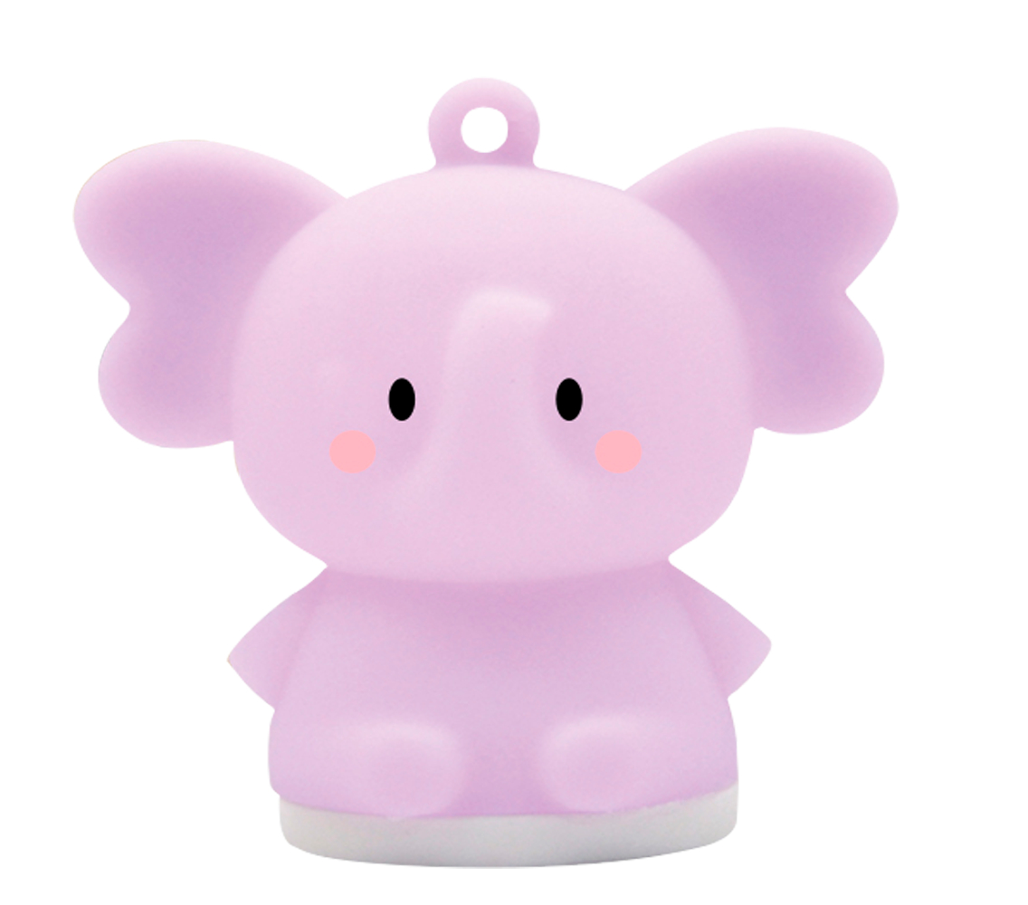 Różowa lampka nocna w kształcie słonia z czarnymi oczami, różowymi policzkami i białą podstawą.