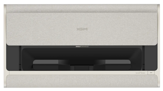 Jasnoszary projektor z logo XGIMI i IMAX Enhanced, z otwartą pokrywą.