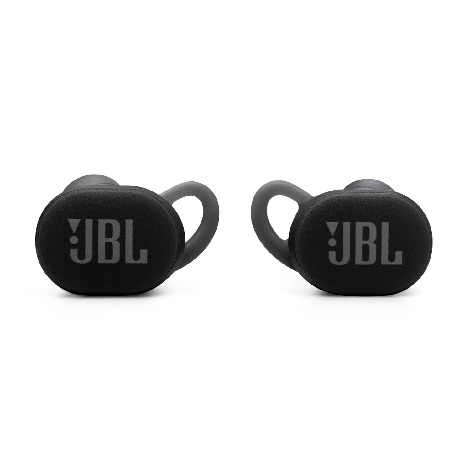 Two black JBL earbuds with ear hooks. The JBL logo is on each earbud.