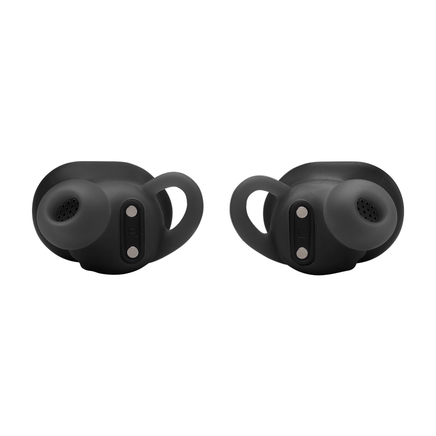 Two black JBL earbuds on a white background. They have a unique ear-hook design.