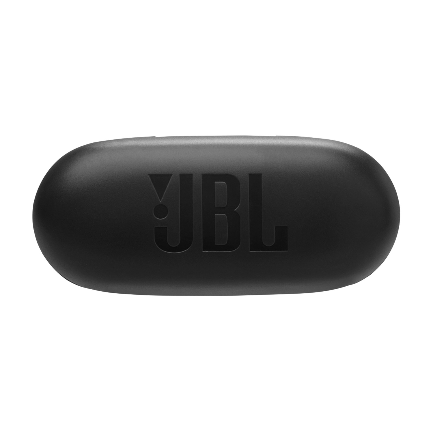 Black JBL earphone case. It is oval-shaped and has a JBL logo.