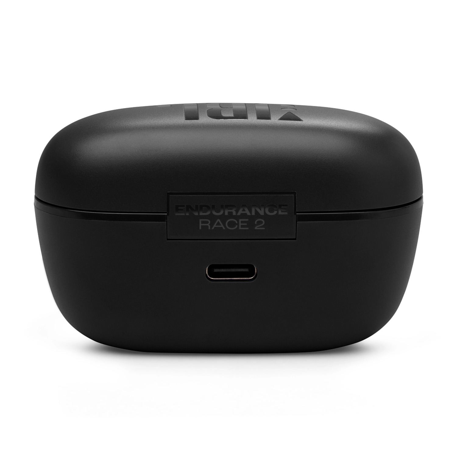 Black JBL Endurance Race 2 earbuds charging case with a USB-C port, white background.