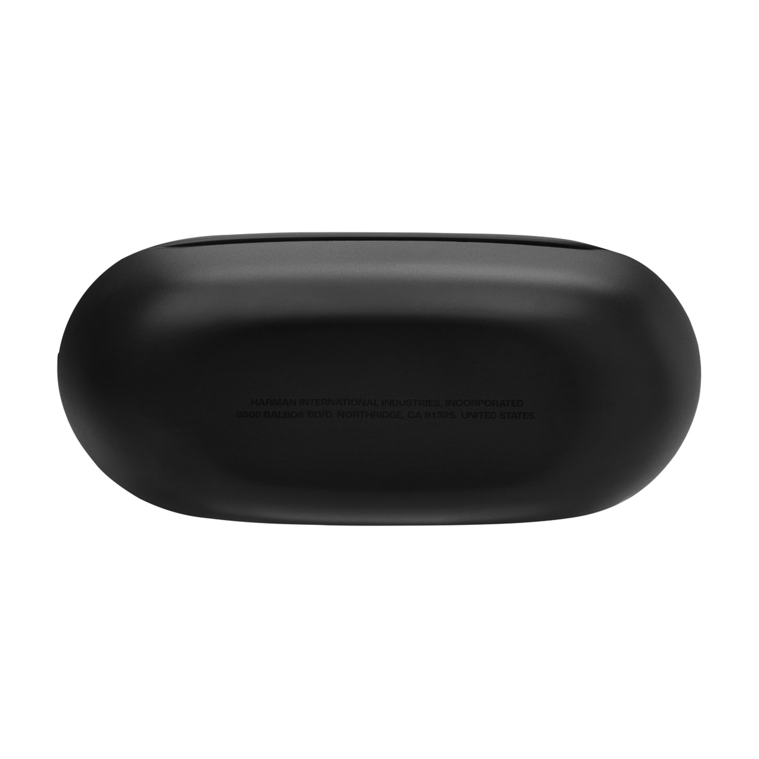 A black, oval-shaped case with text indicating the company and address.