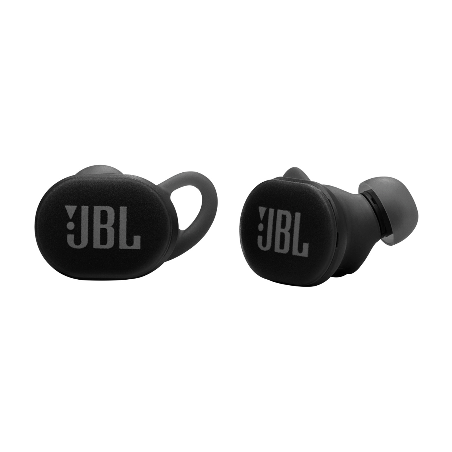 Two black JBL earbuds with a curved support that fits into the ear.