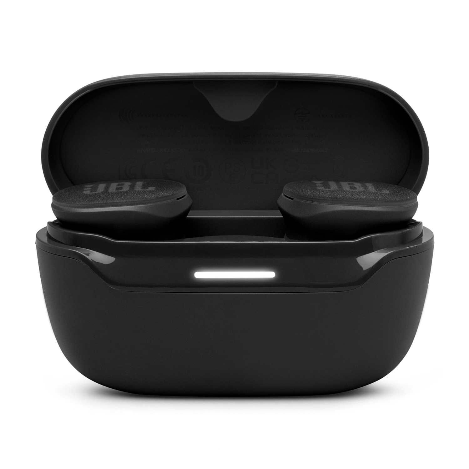Black JBL wireless earbuds in their charging case, open, showing the earbuds.