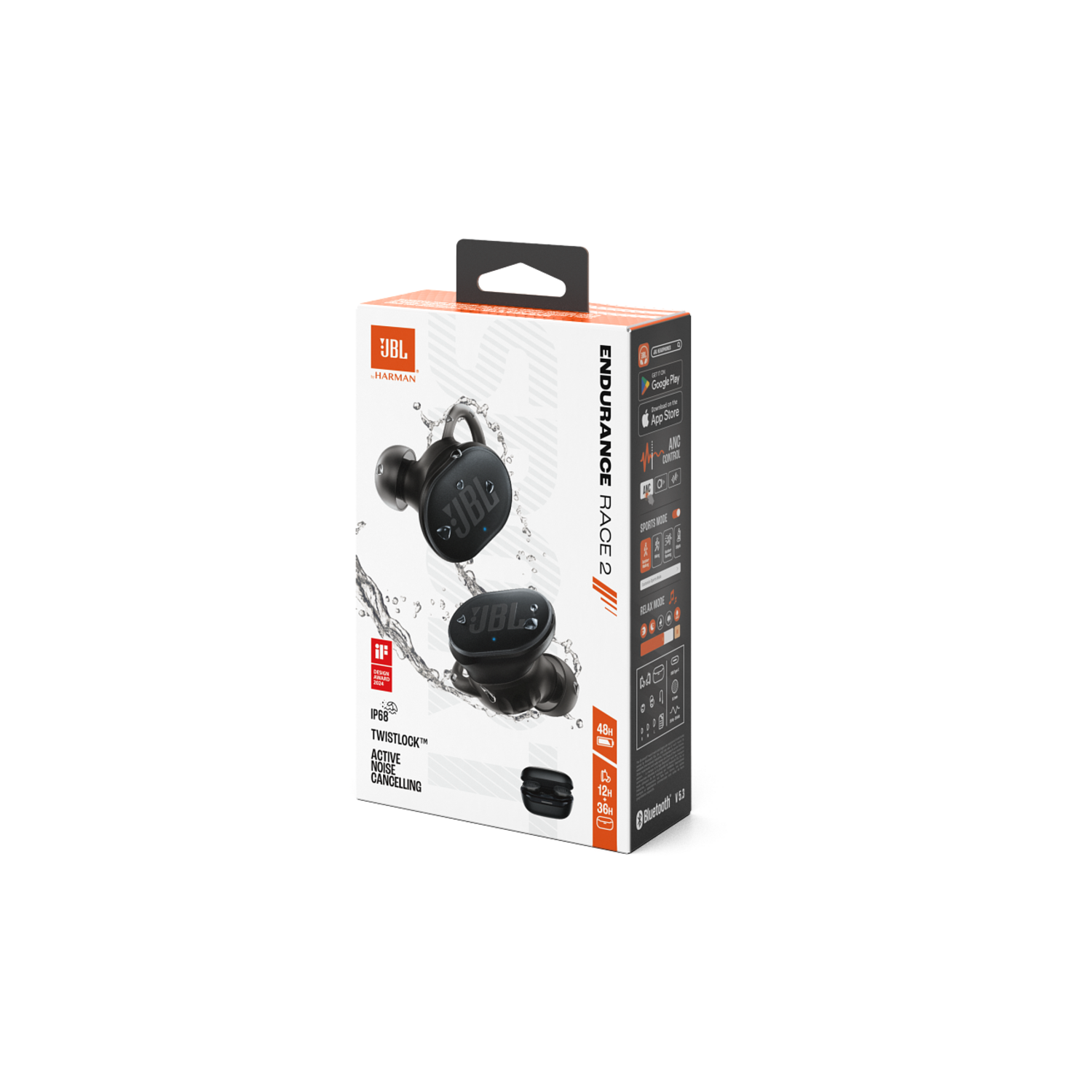 Earbuds box with earbuds graphic and branding on a white background.