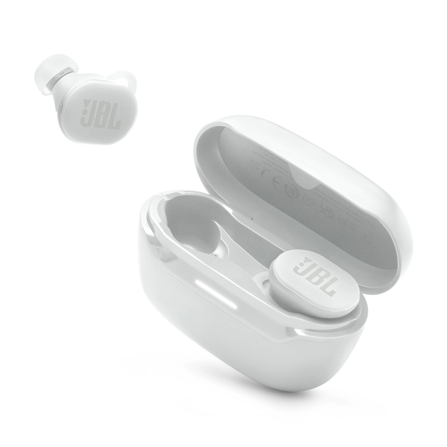 White JBL earbuds and charging case. One earbud is outside the case.