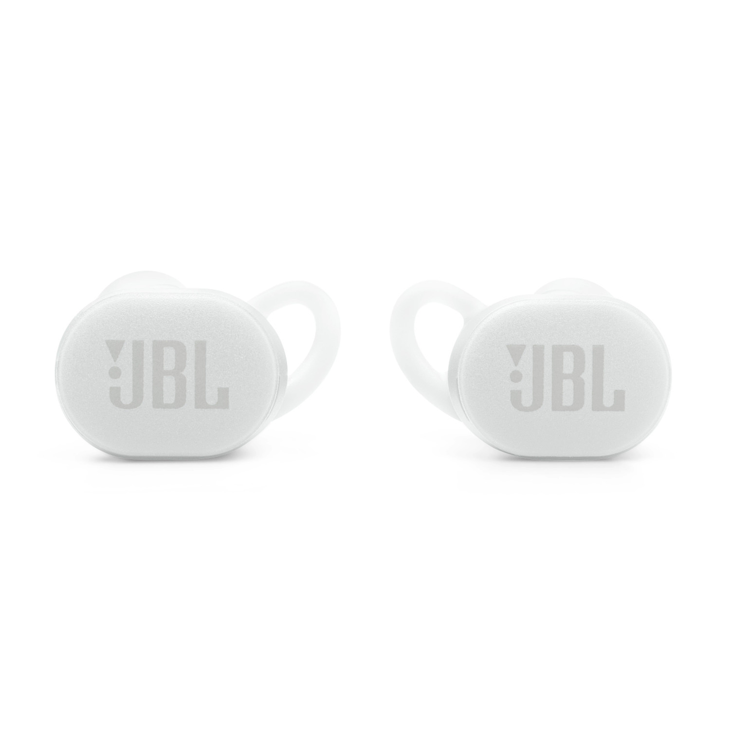 White JBL earbuds with ear hooks, isolated on white.