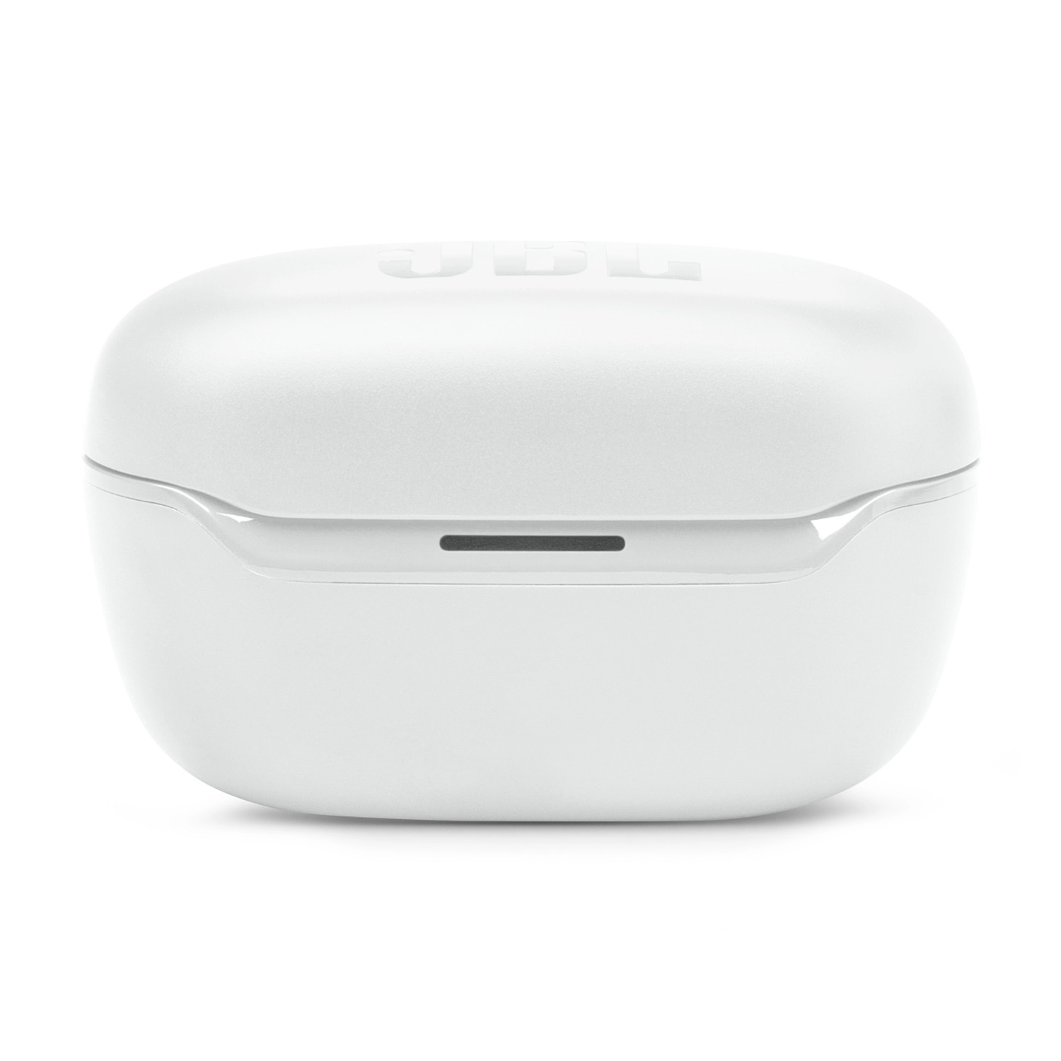 White JBL earbud charging case. The top has the JBL logo.