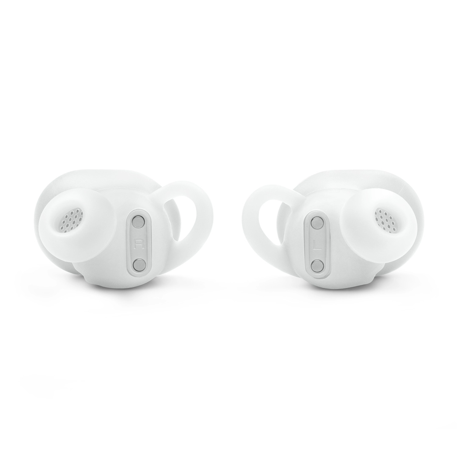 Two white wireless earbuds with ear tips, side view.