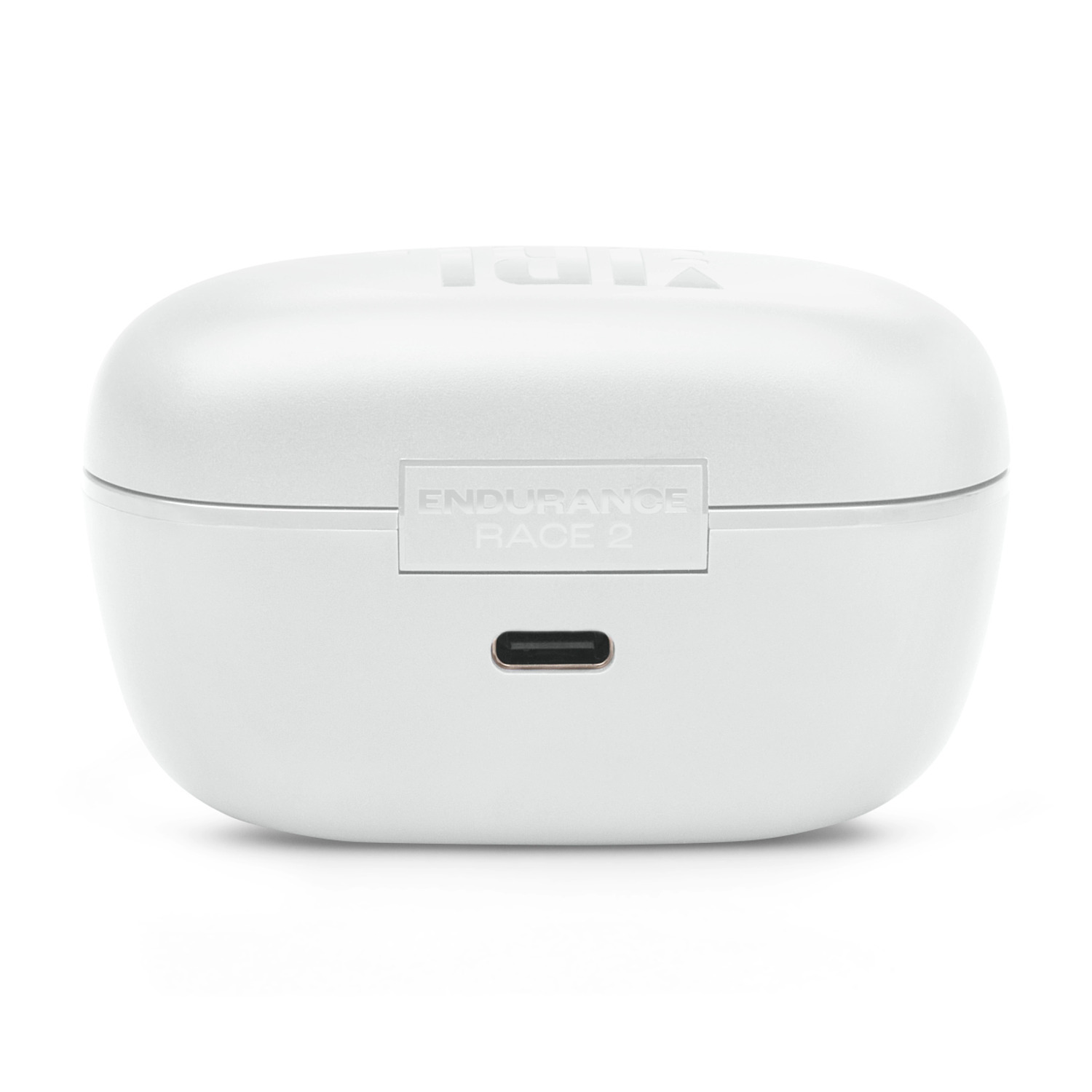White JBL Endurance Race 2 charging case with the brand name and a charging port.