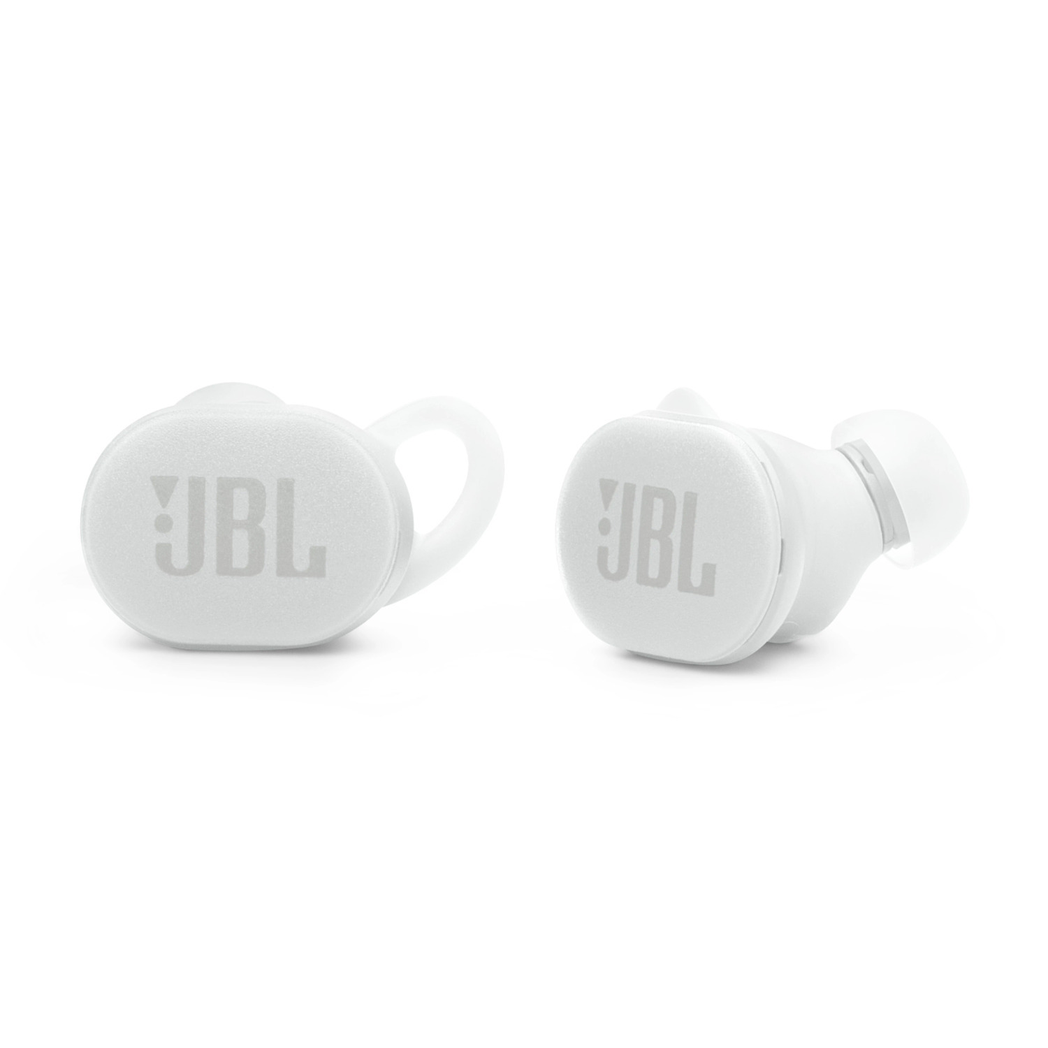 White JBL earbuds with ear hooks, isolated on white.