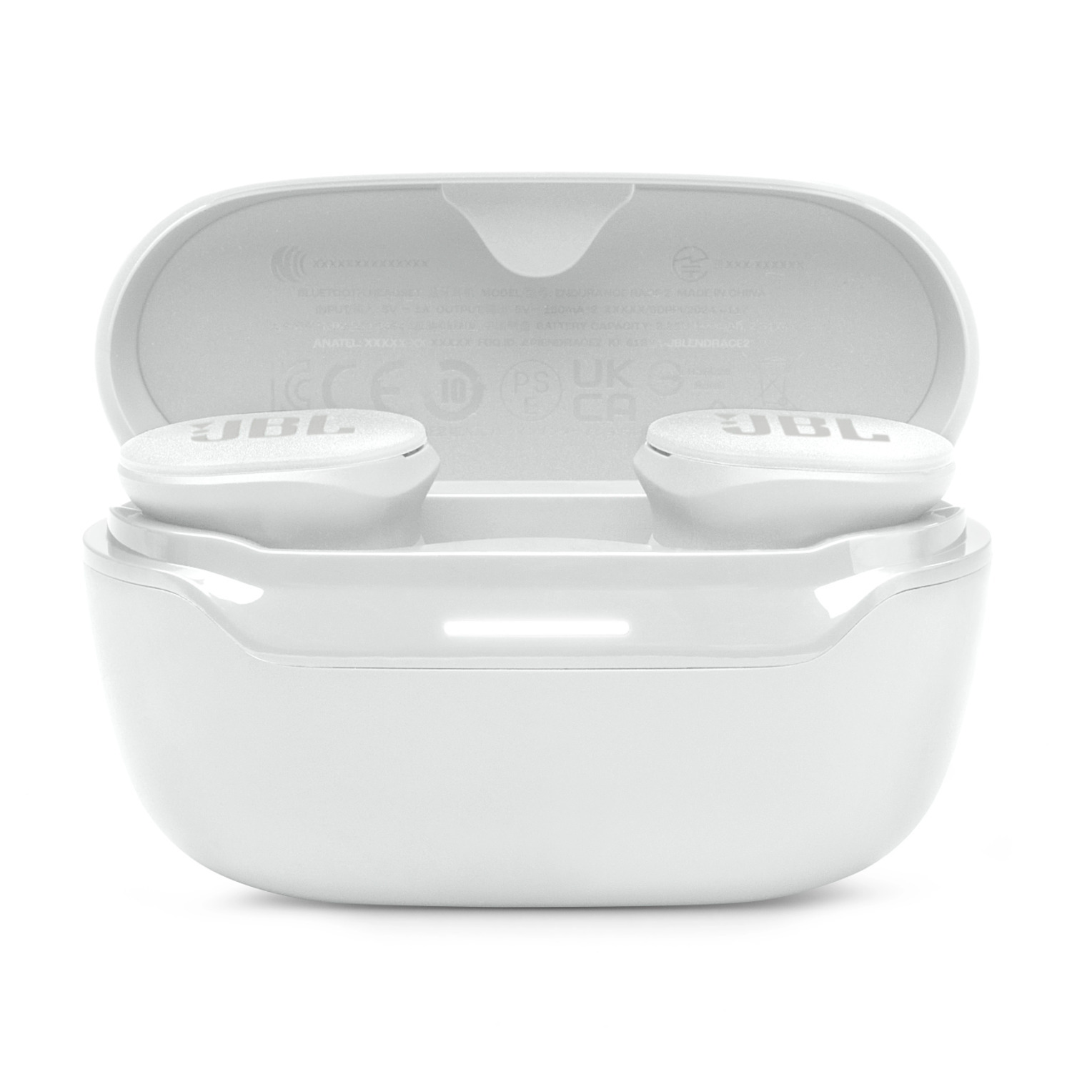 White JBL earbuds in a white charging case. Case is open, earbuds visible.