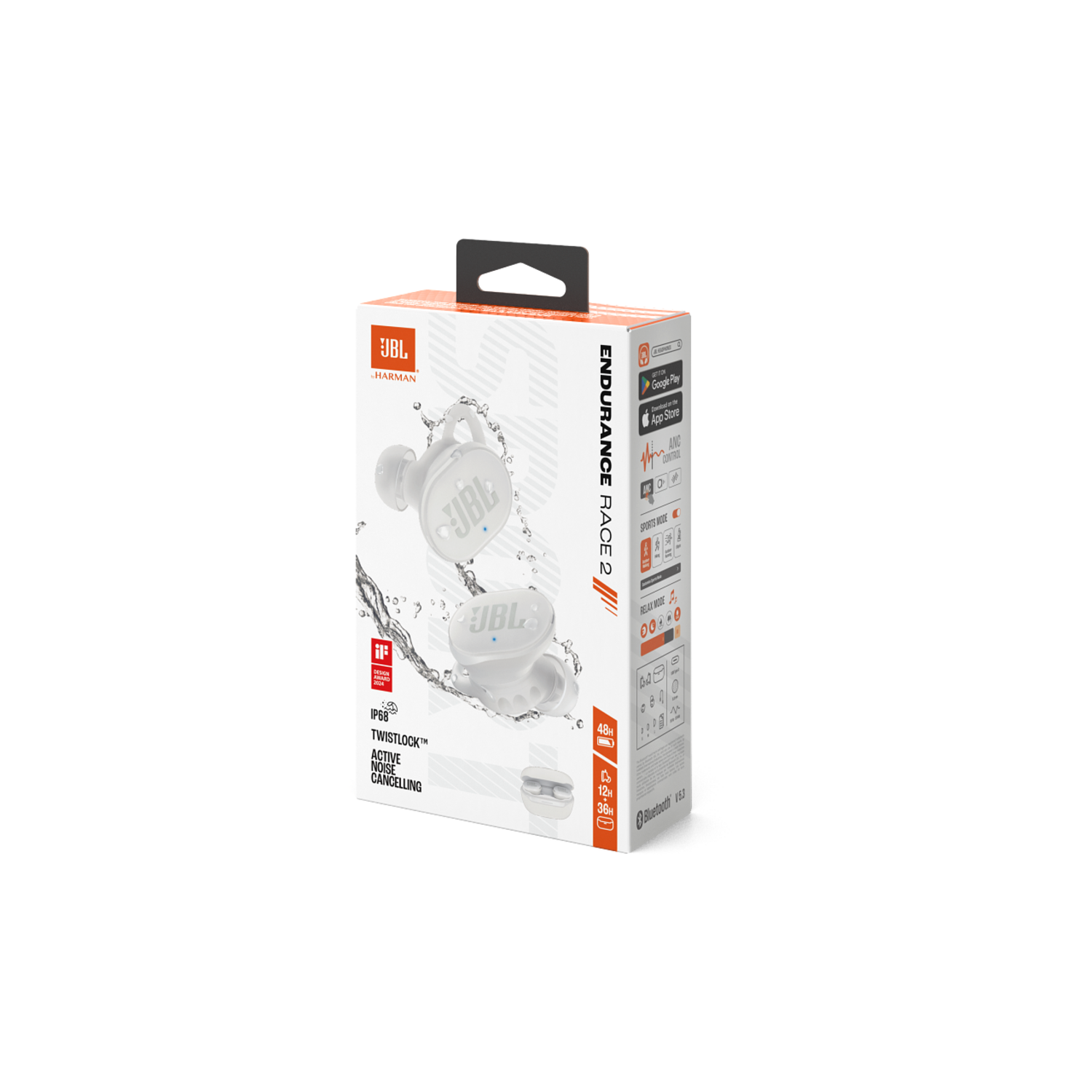 JBL Endurance Race 2 earbuds in a white box with graphics and text, isolated.