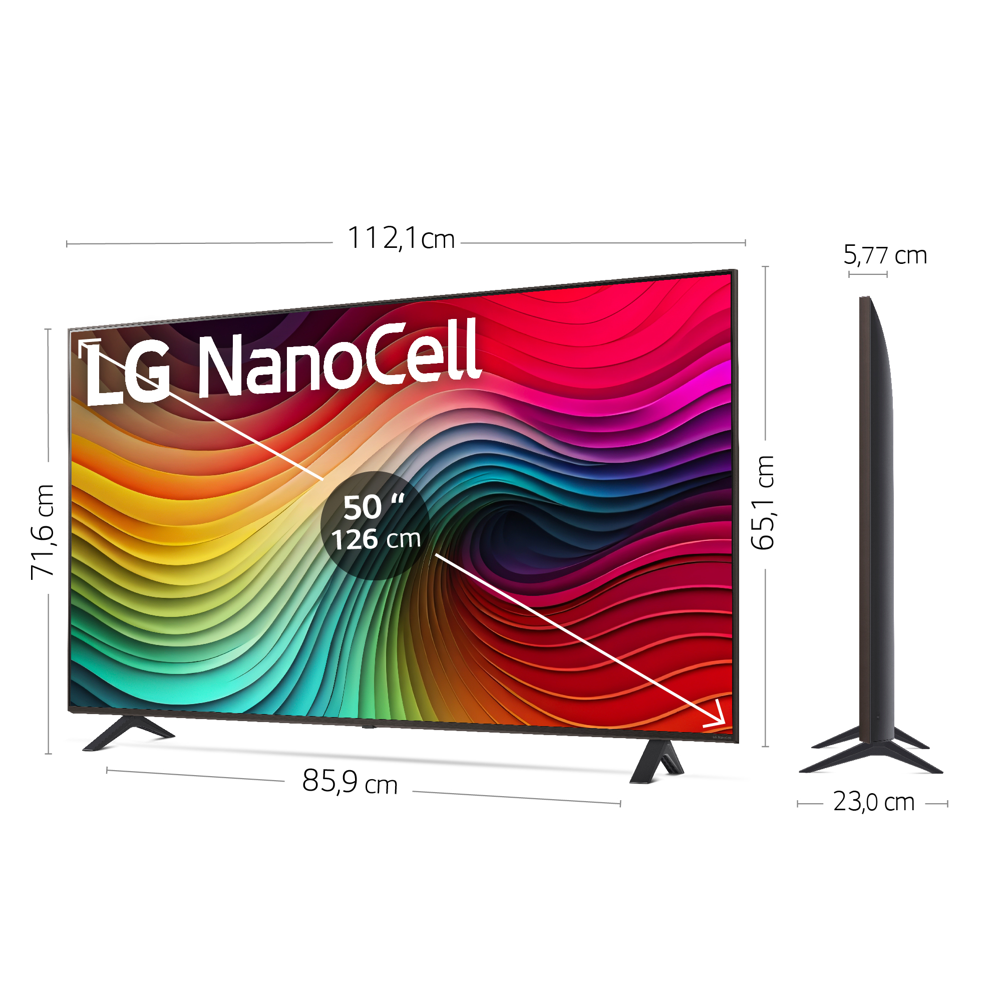 TV LG NanoCell de 50" con pantalla arcoíris, se muestran las dimensiones.
