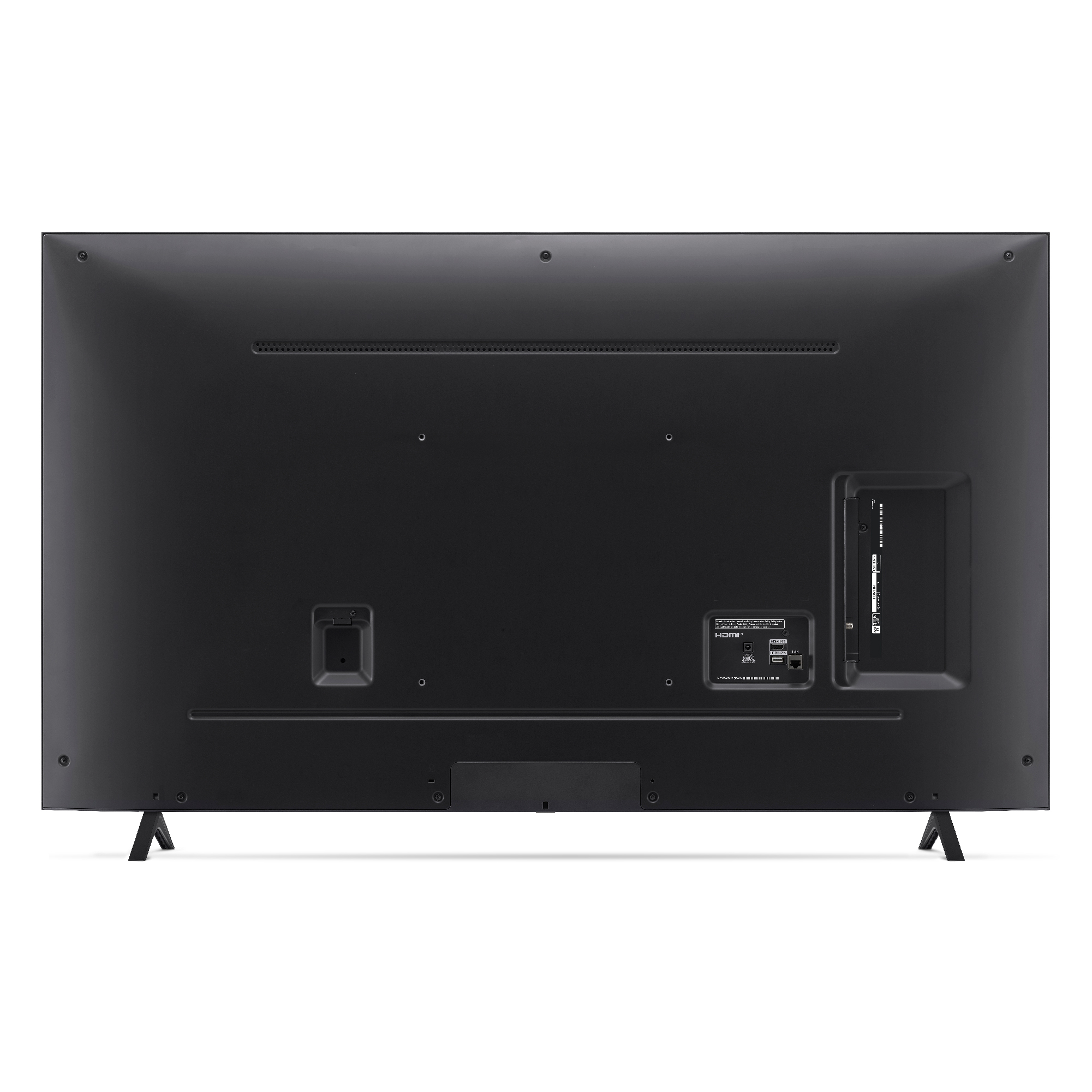 La parte trasera de un televisor LG negro con puertos de conexión y dos soportes. La parte trasera no tiene características.