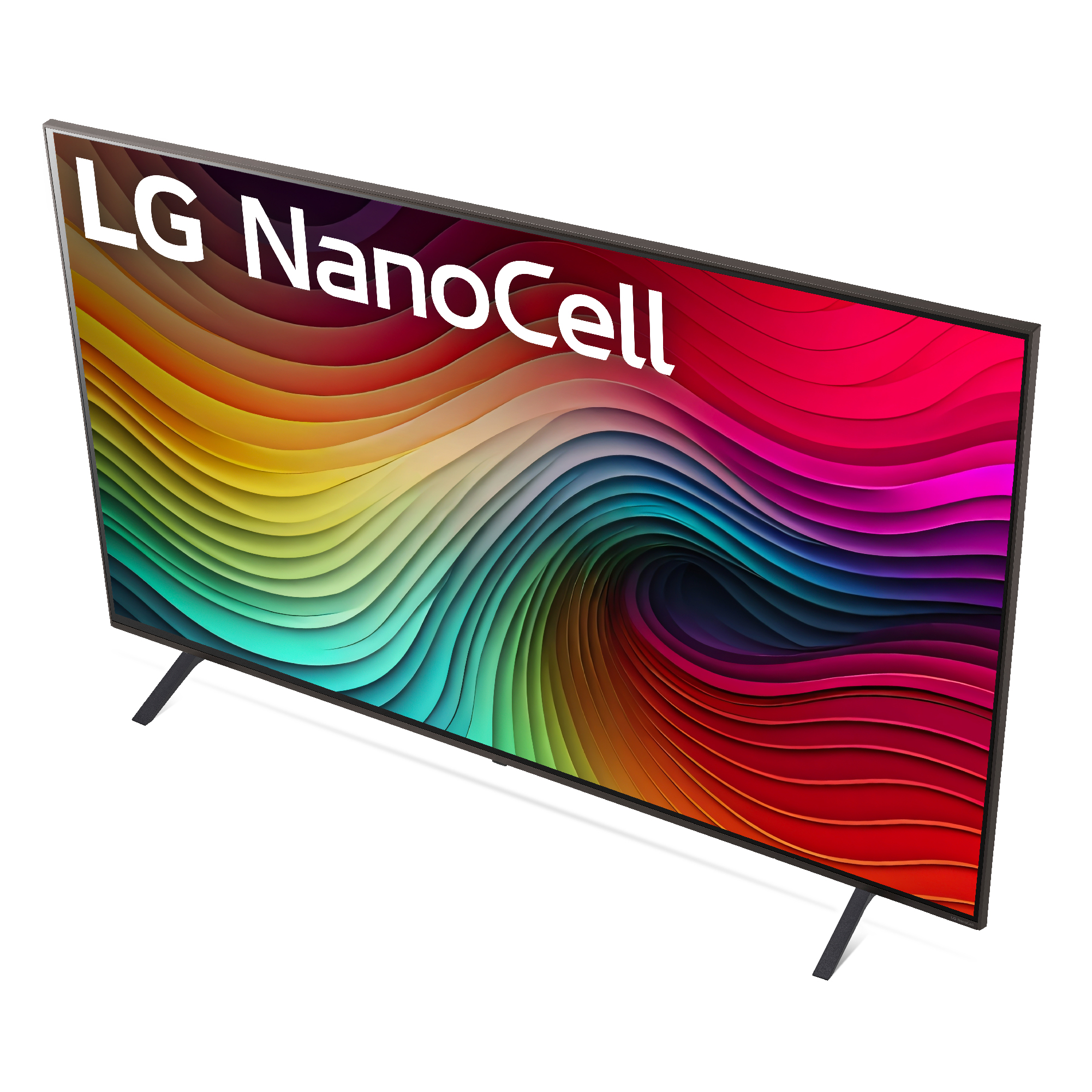 TV LG NanoCell con pantalla colorida. La pantalla muestra un degradado tipo arcoíris con el logotipo de LG.