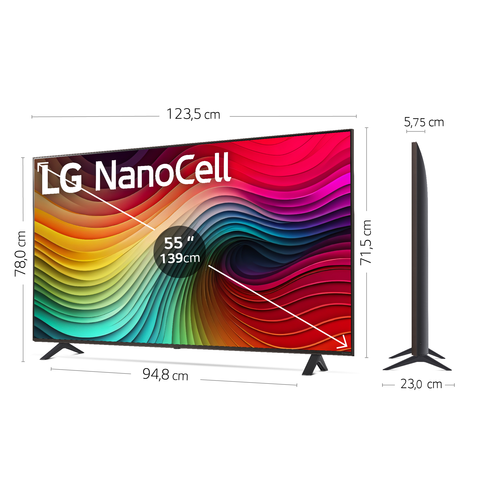 Televisor LG NanoCell con dimensiones etiquetadas, vista de perfil mostrando el grosor.