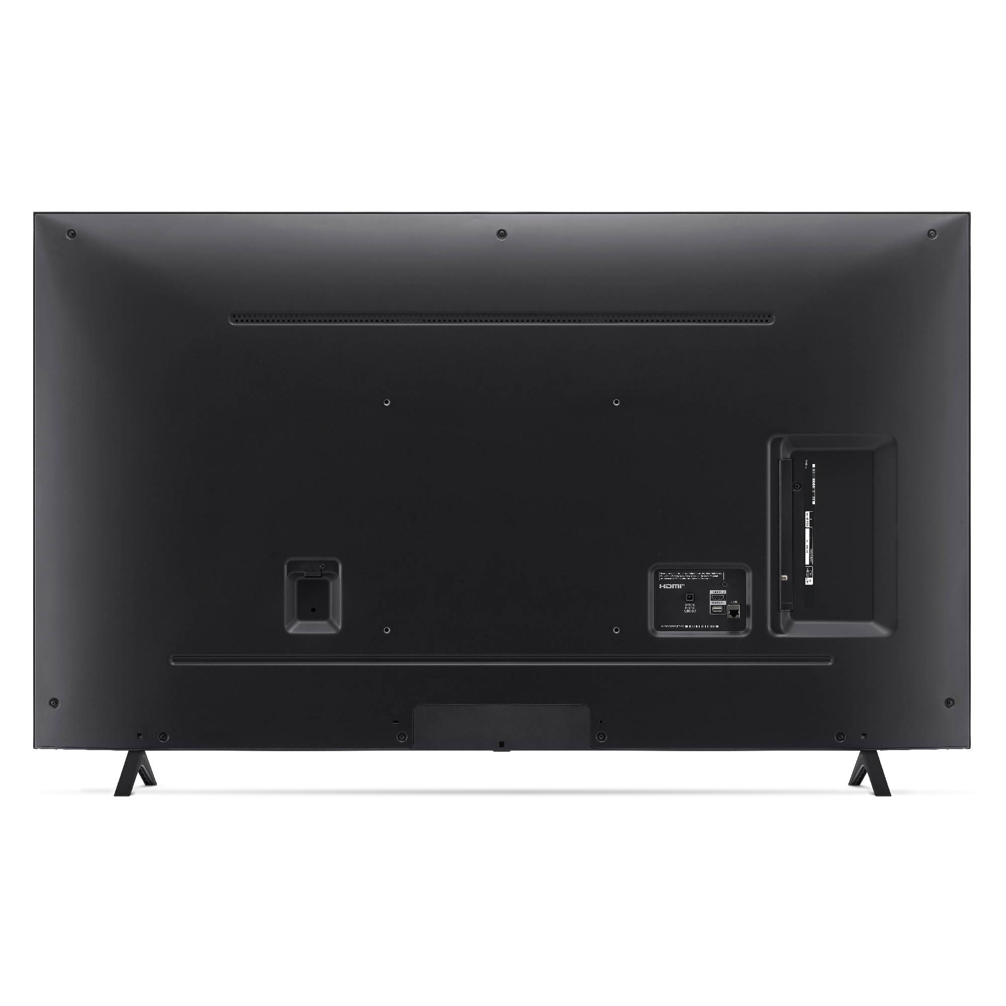 Parte trasera de un televisor que muestra puertos y una sección rectangular.