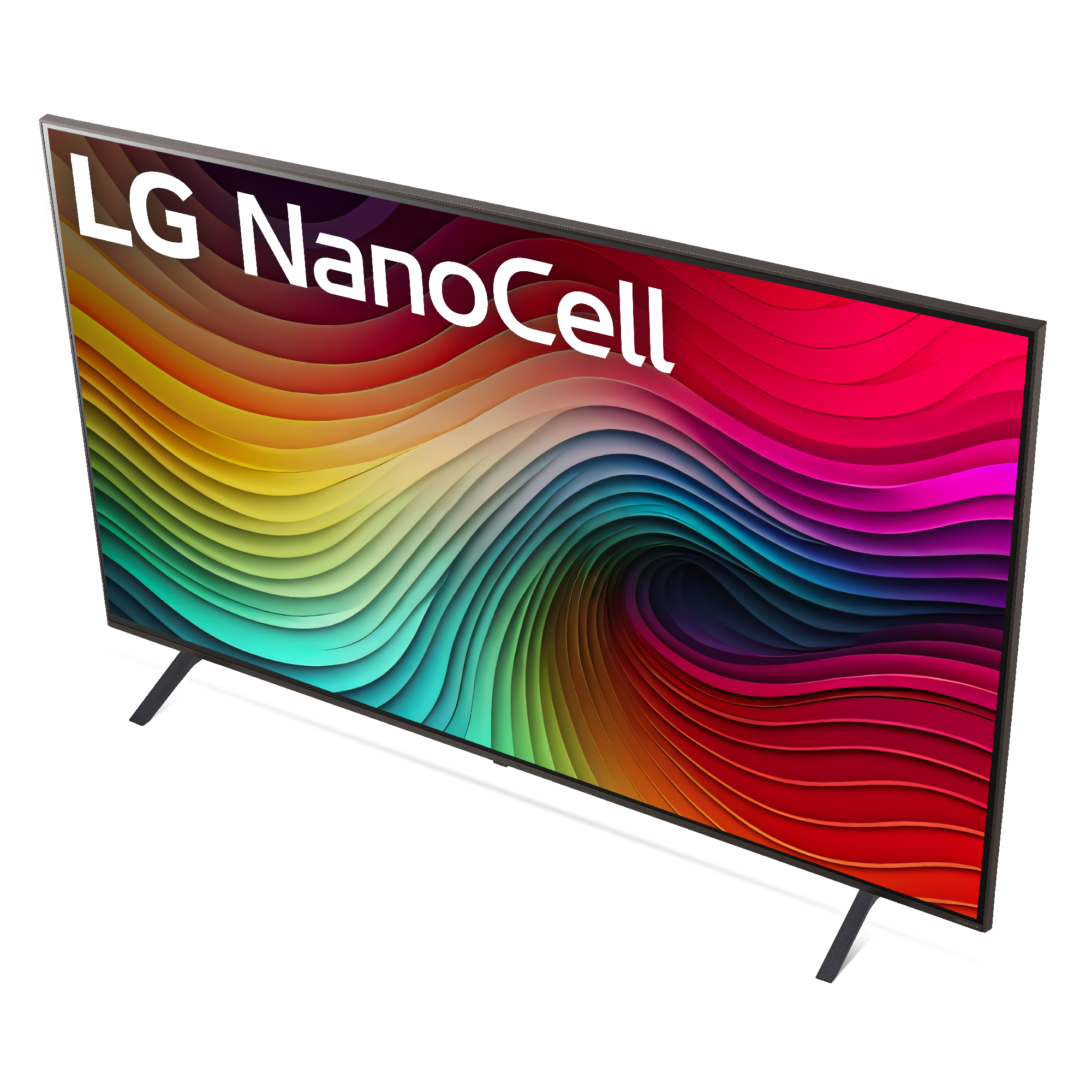 TV LG NanoCell. La pantalla muestra un diseño abstracto colorido. Soportes negros.