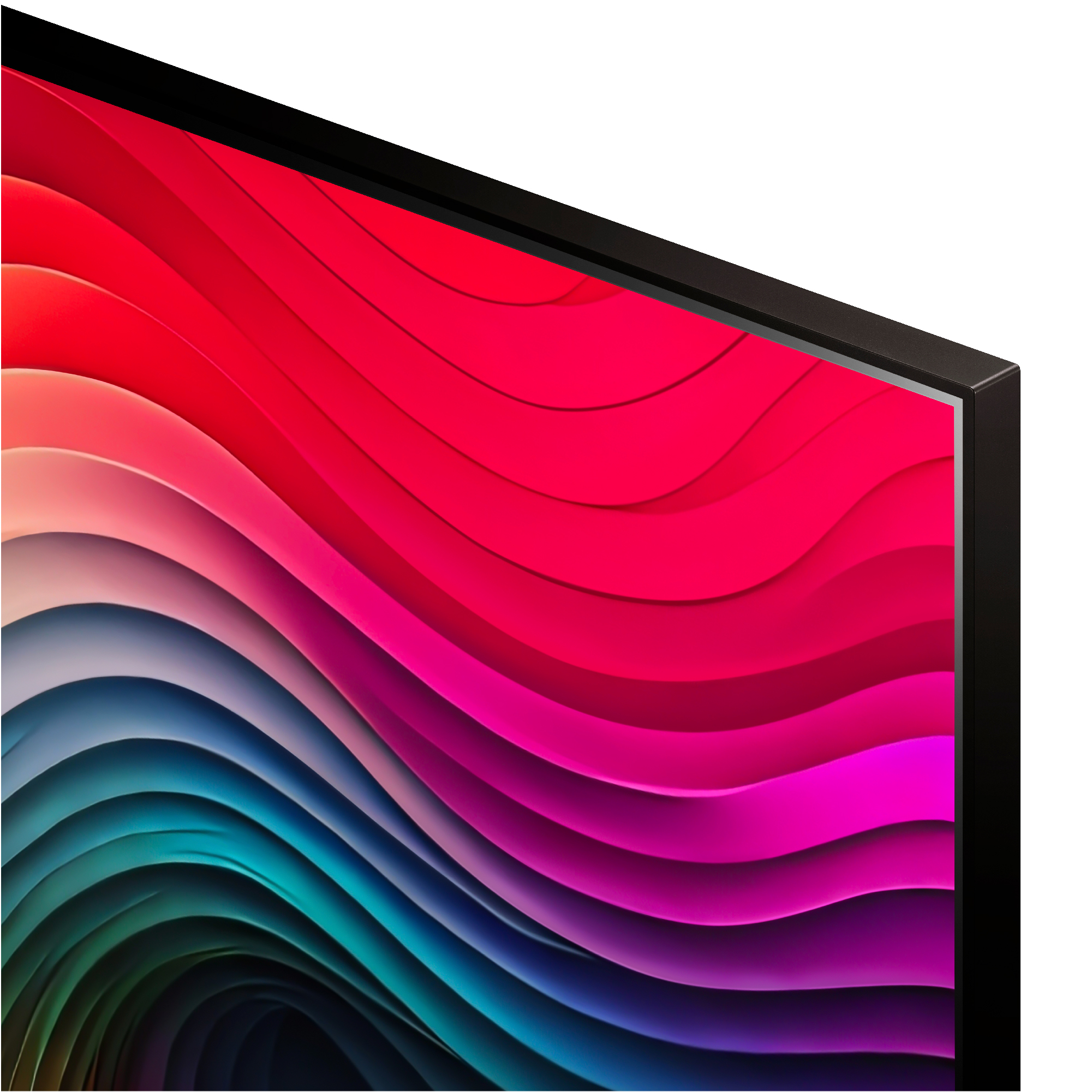 Primer plano de una pantalla de TV que muestra un patrón colorido, abstracto y similar a una ola.