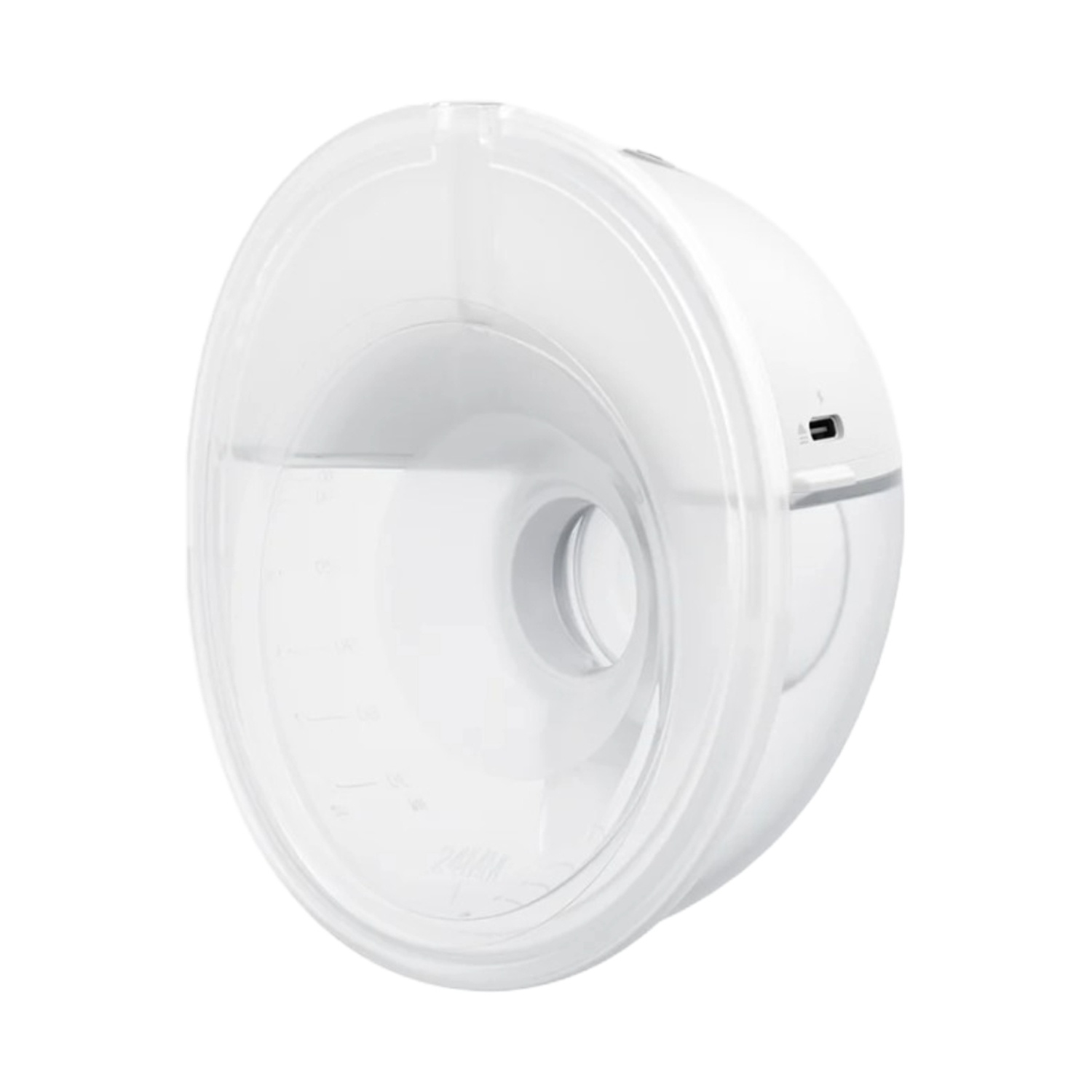 Tiralatte bianco, con un cono di plastica trasparente. Su sfondo bianco.