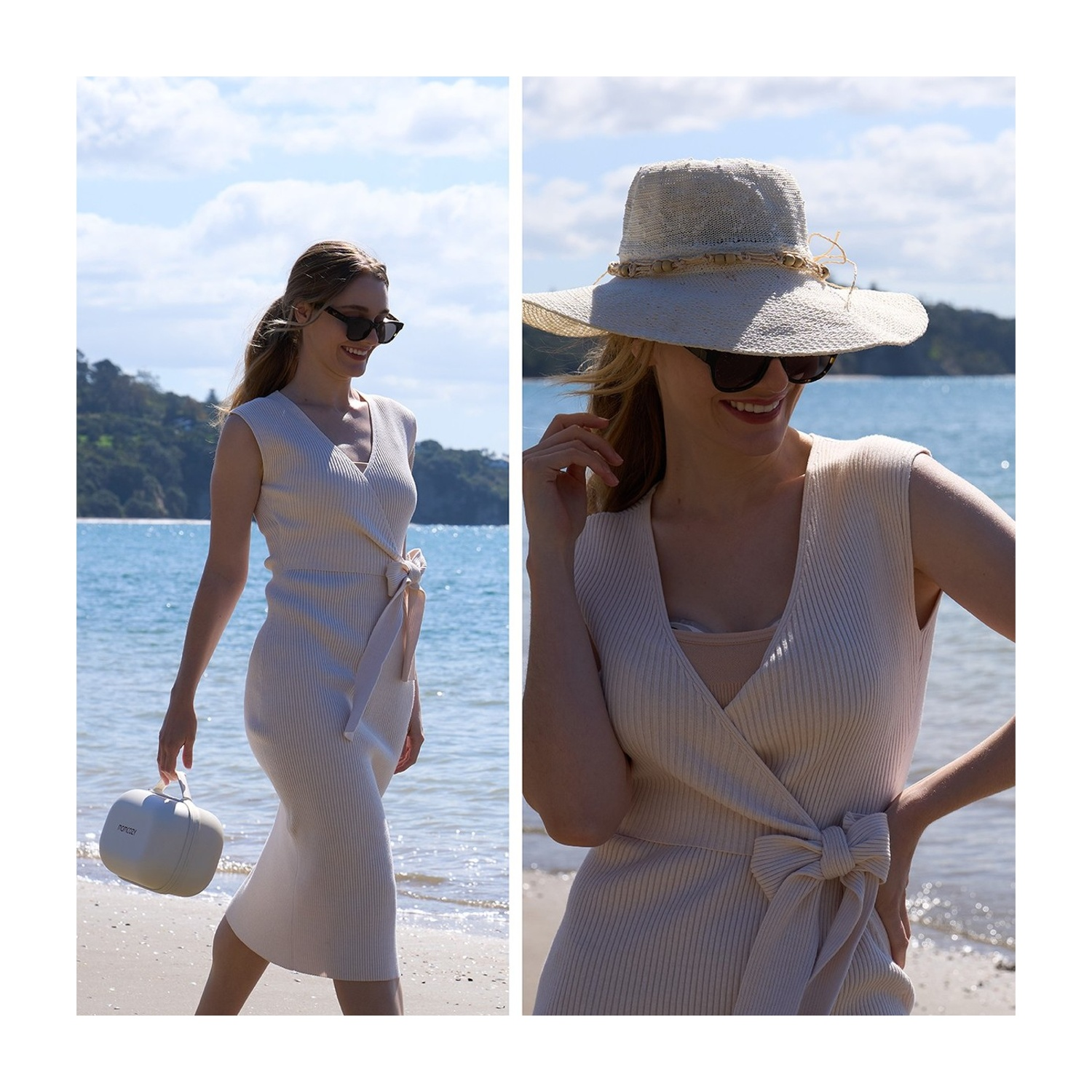 Due foto di una donna in abito e occhiali da sole in spiaggia. Una con cappello e borsa.
