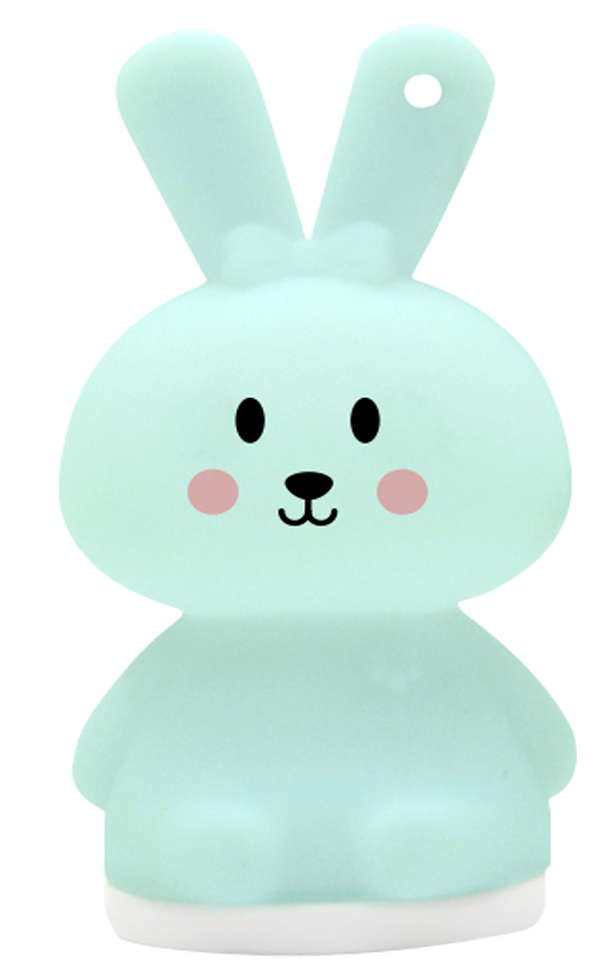Jasnoniebieska lampka nocna w kształcie królika z różowymi policzkami.