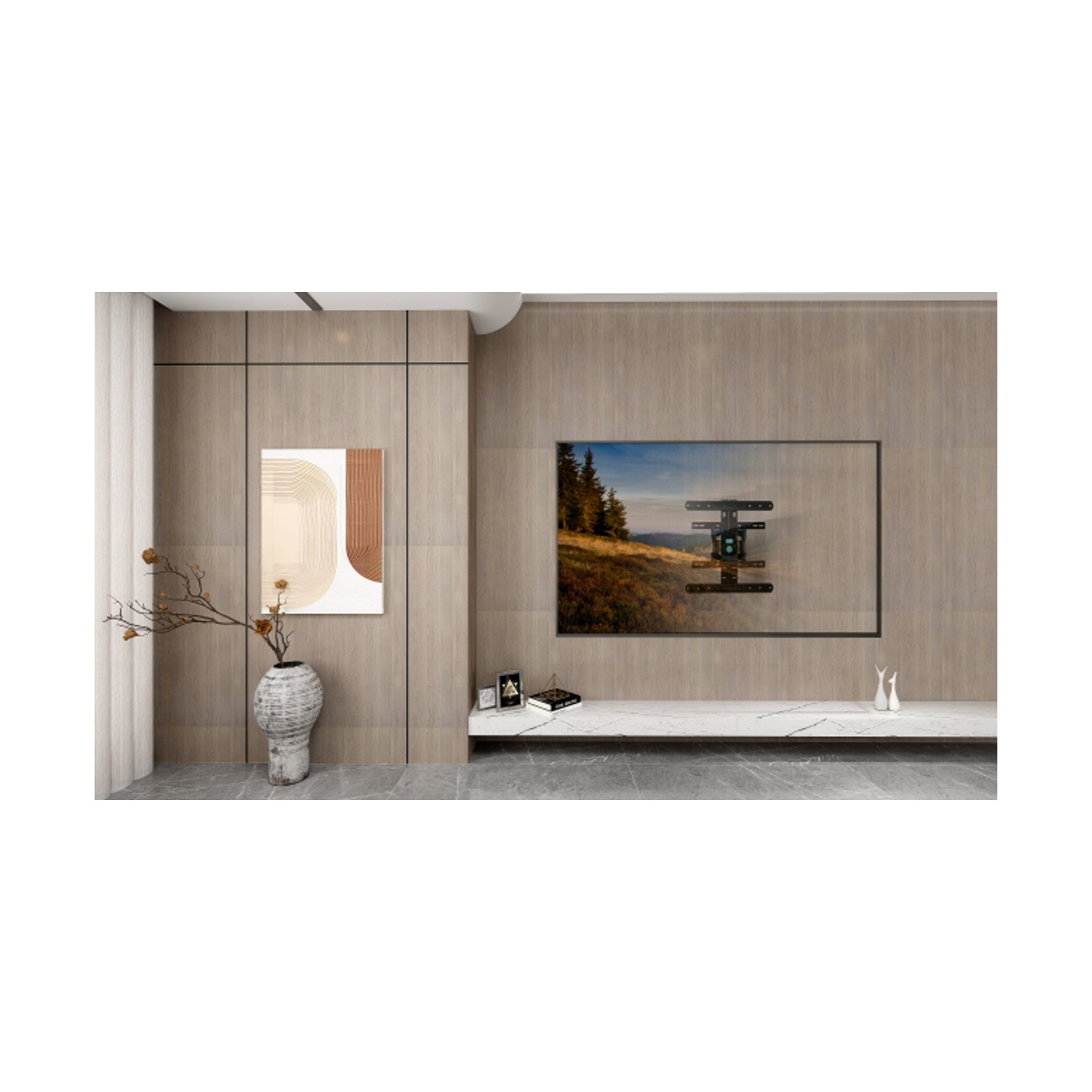 Soggiorno moderno con pannelli in legno, una TV a parete e oggetti decorativi.