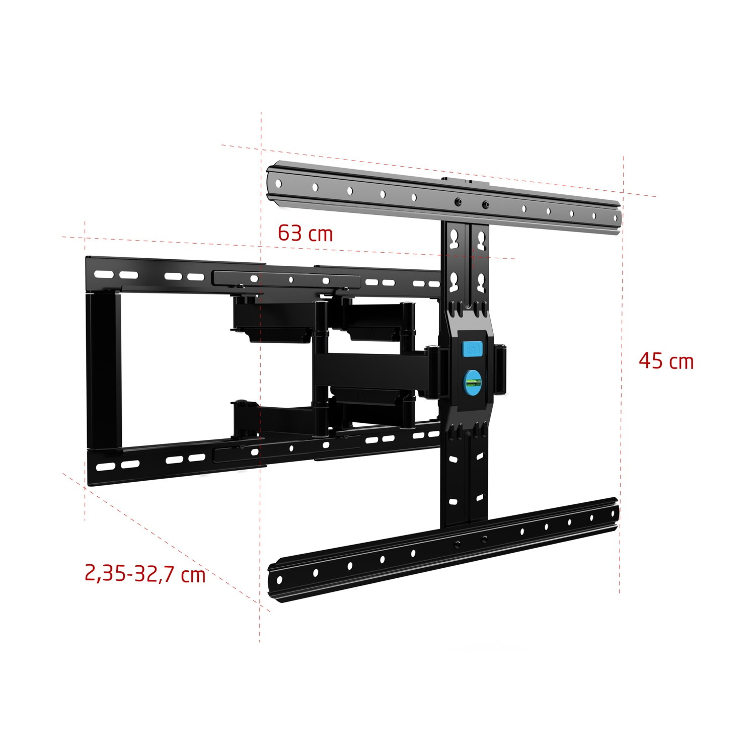 Supporto a parete TV nero con dimensioni su sfondo bianco.