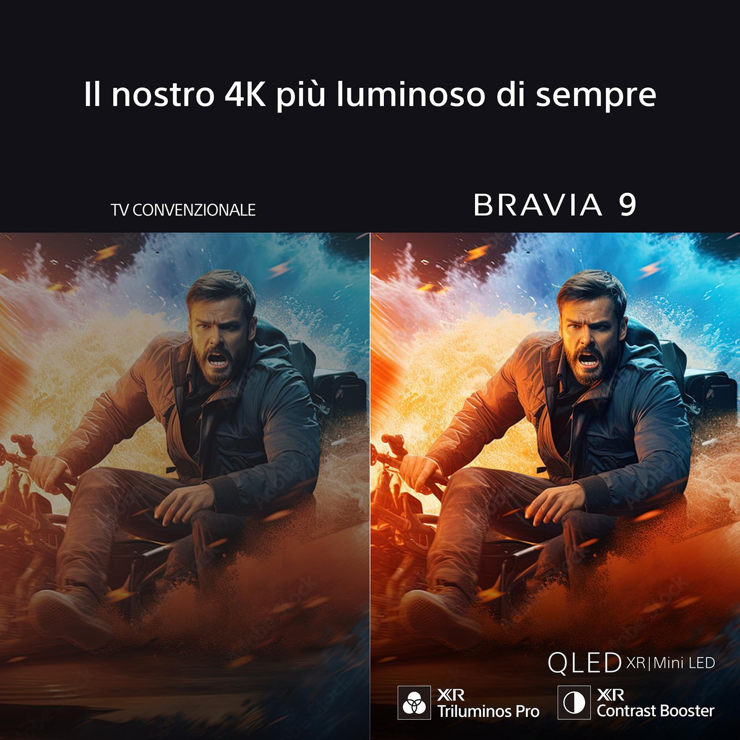Due immagini confrontano TV. Uno è standard, l'altro è BRAVIA 9. Uomini in bicicletta sono mostrati, con diverse tonalità di colore.