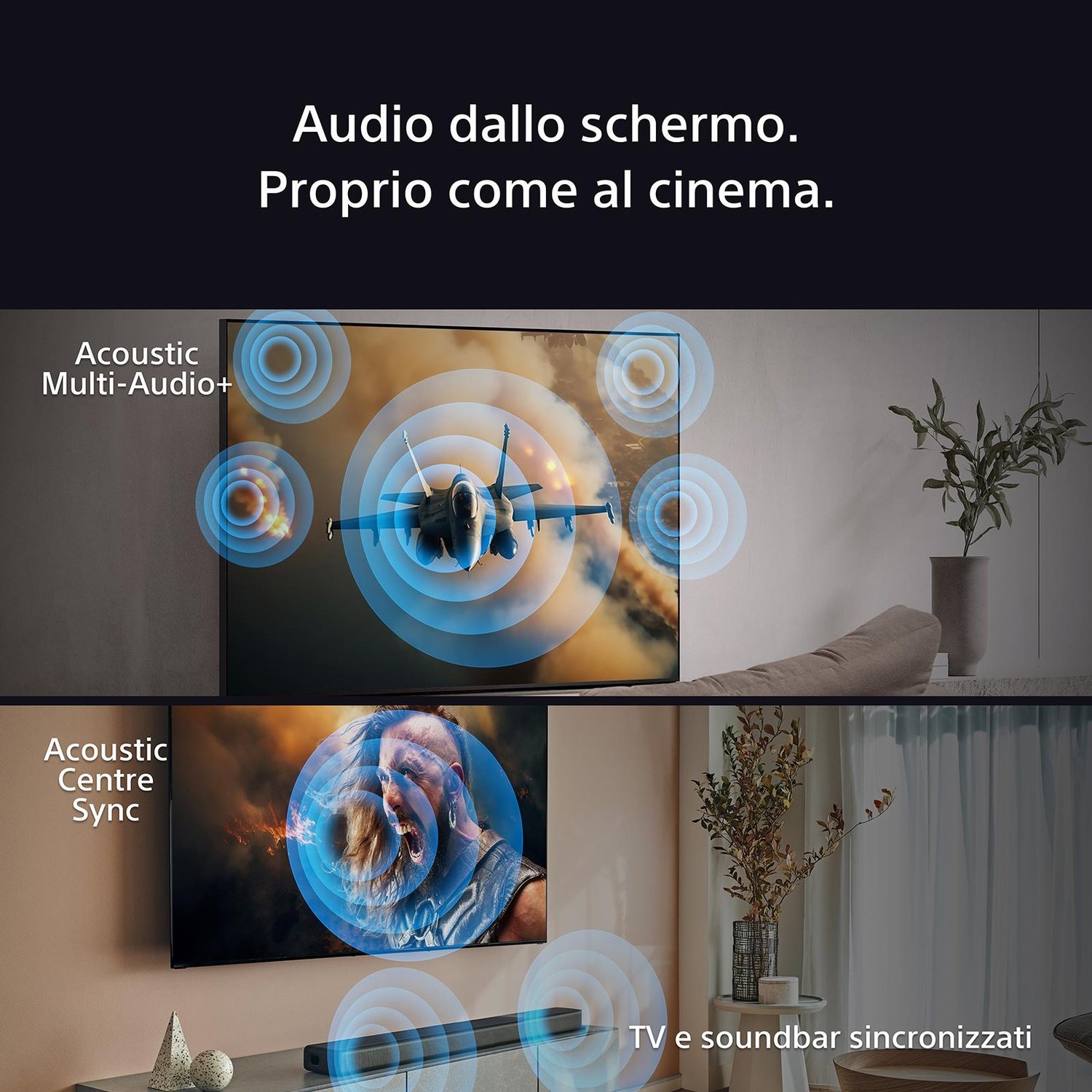 Uno schermo TV che mostra immagini e testo in italiano con rappresentazioni di onde sonore. Sotto una soundbar.