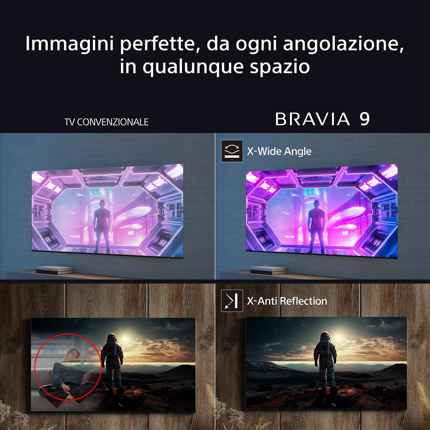 Gli schermi TV mostrano scene, tra cui lo spazio e una persona.