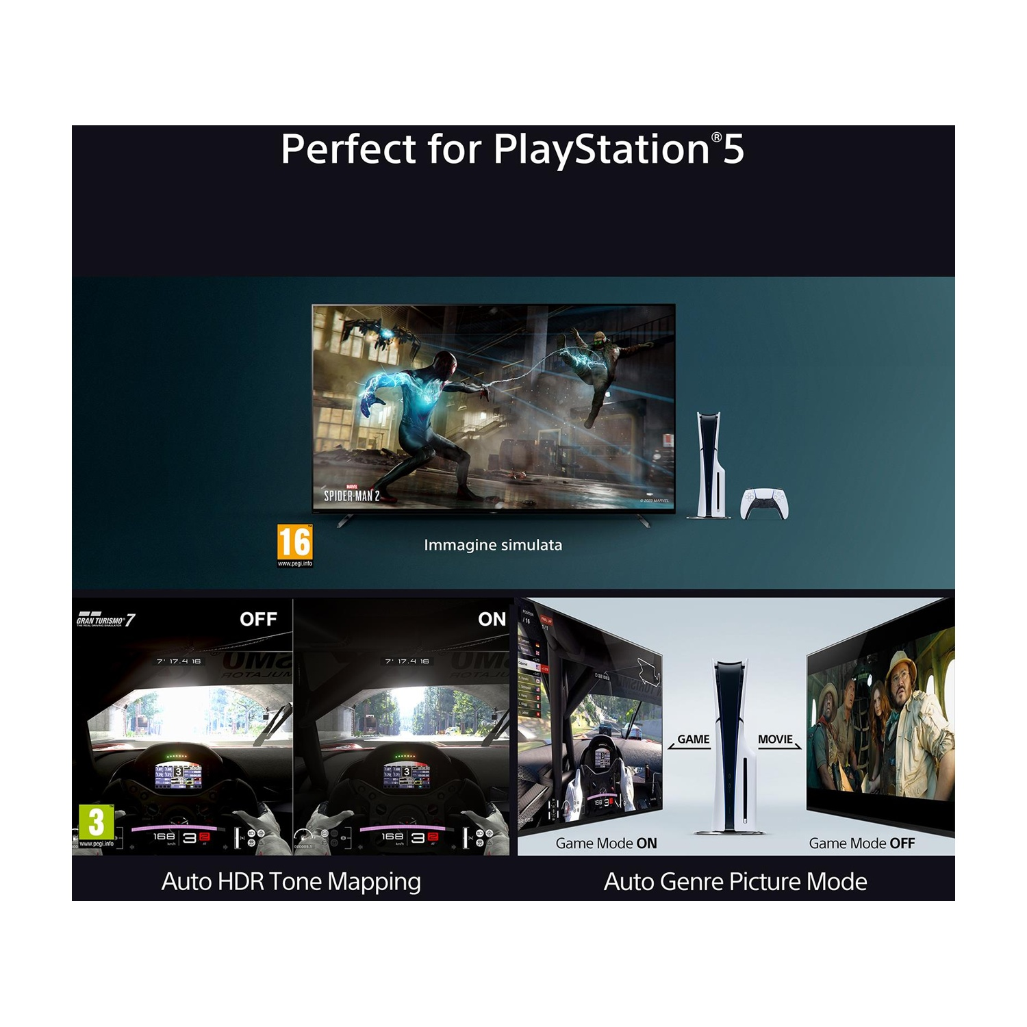 Schermo TV mostra un gioco, console e controller sono a destra. Modalità di gioco mostrate.