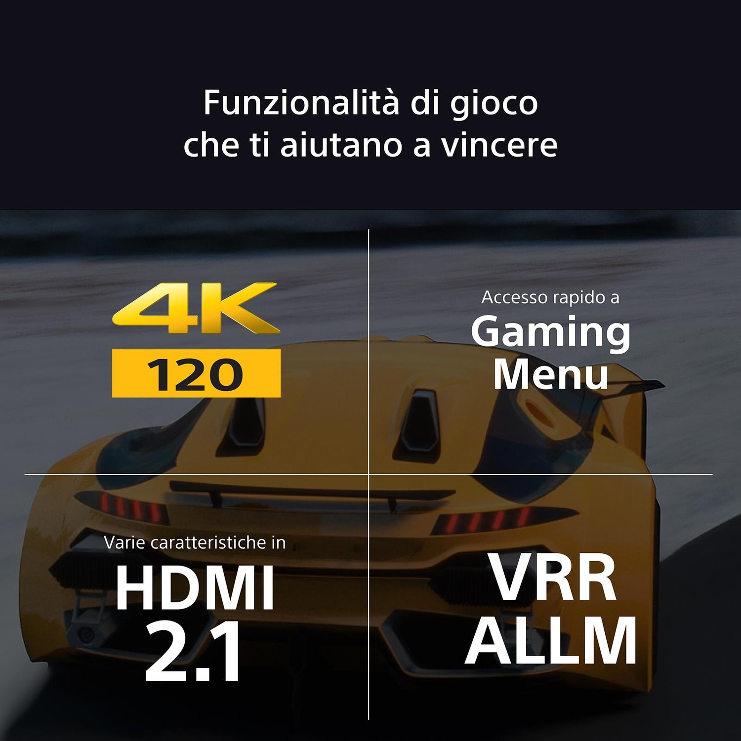Immagine che evidenzia 4K, 120, Menu di gioco, HDMI 2.1 e VRR ALLM.