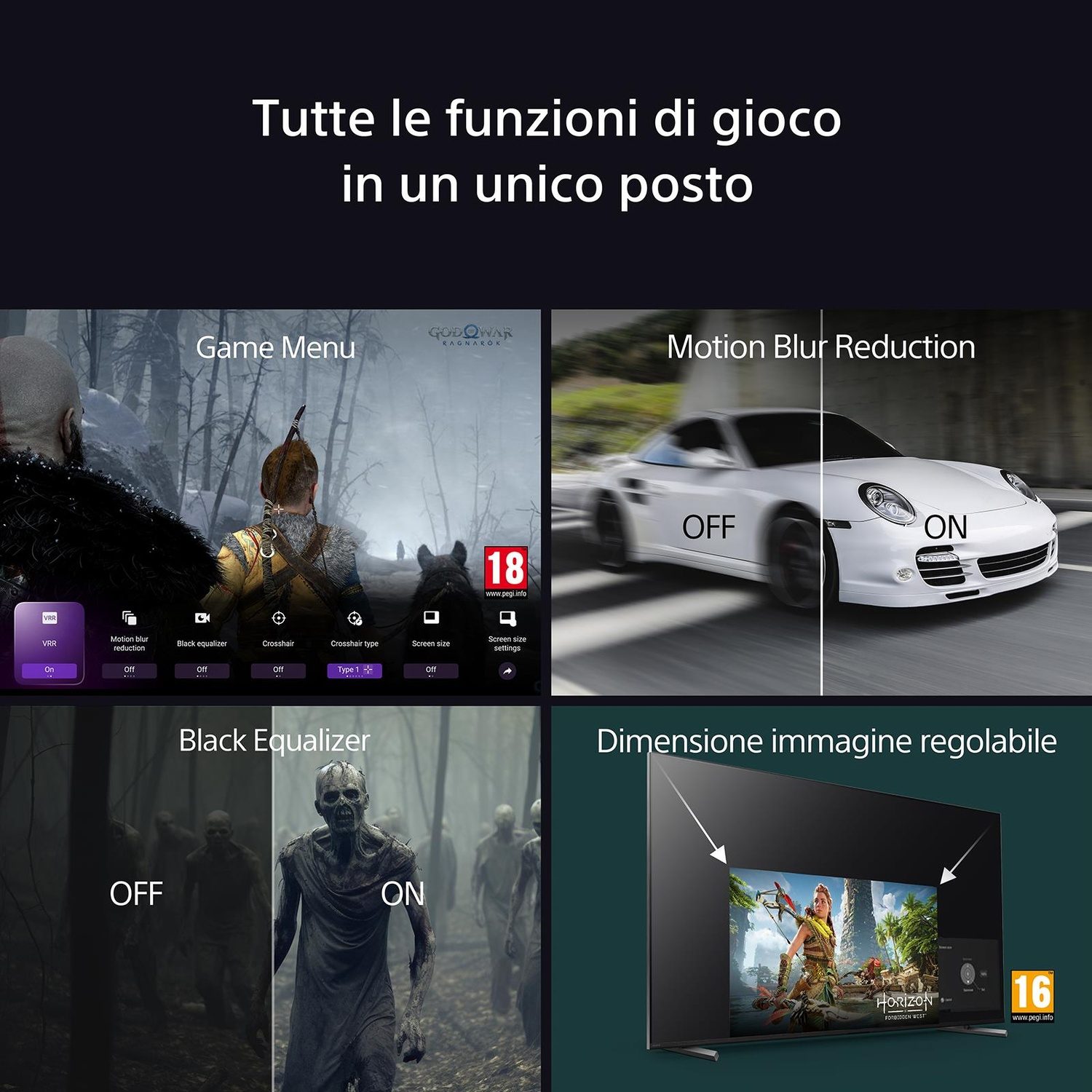 L'immagine mostra il menu di gioco, la riduzione della sfocatura del movimento, l'equalizzatore nero e le funzioni di dimensione dell'immagine regolabile.