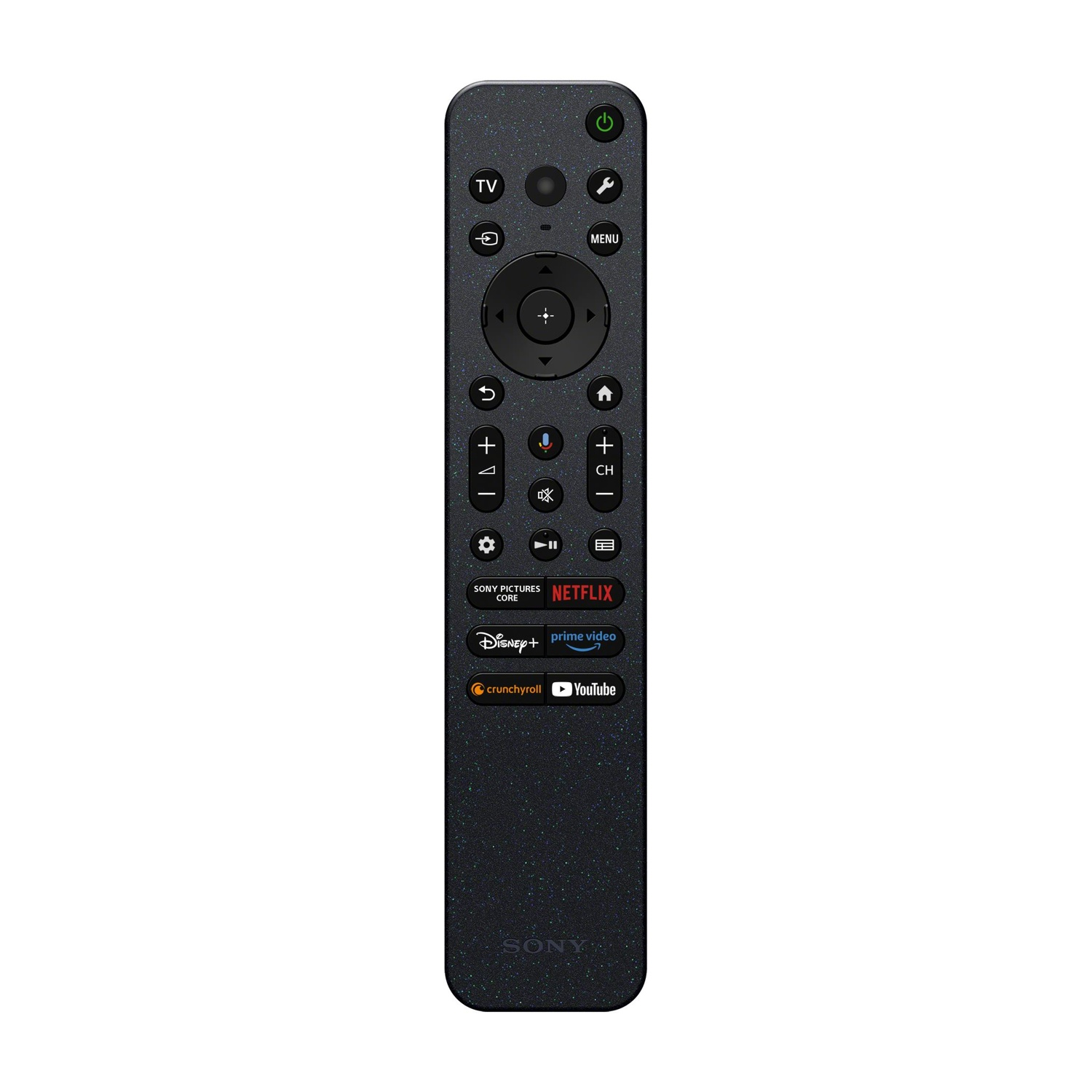 Telecomando TV Sony con molti pulsanti, tra cui Netflix, Disney+ e YouTube. Design scuro maculato.