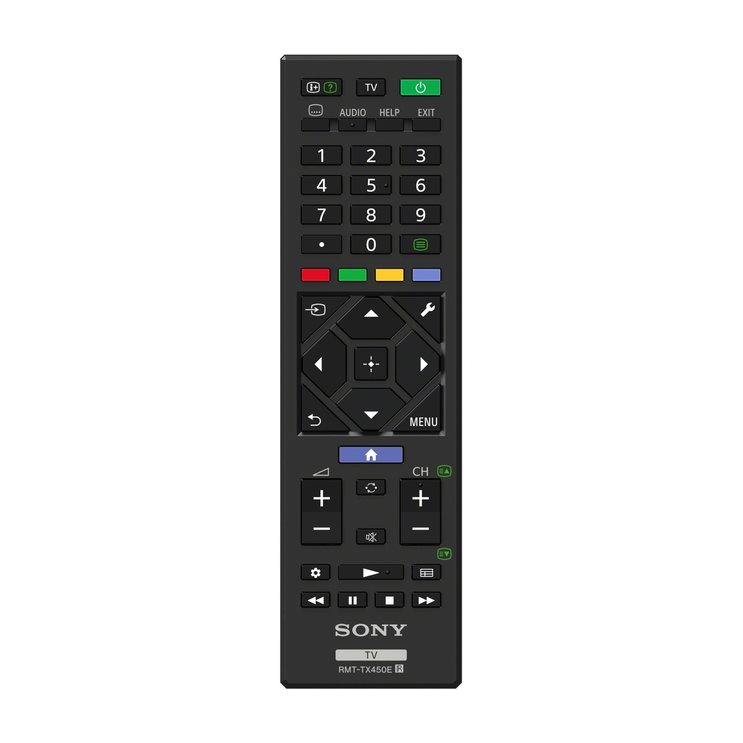 Telecomando TV Sony nero con più pulsanti. Sfondo bianco.