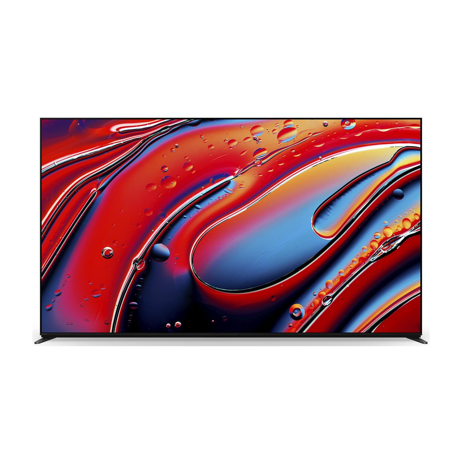 Schermo TV moderno che mostra arte astratta colorata, con sfumature rosse, blu e arancioni.