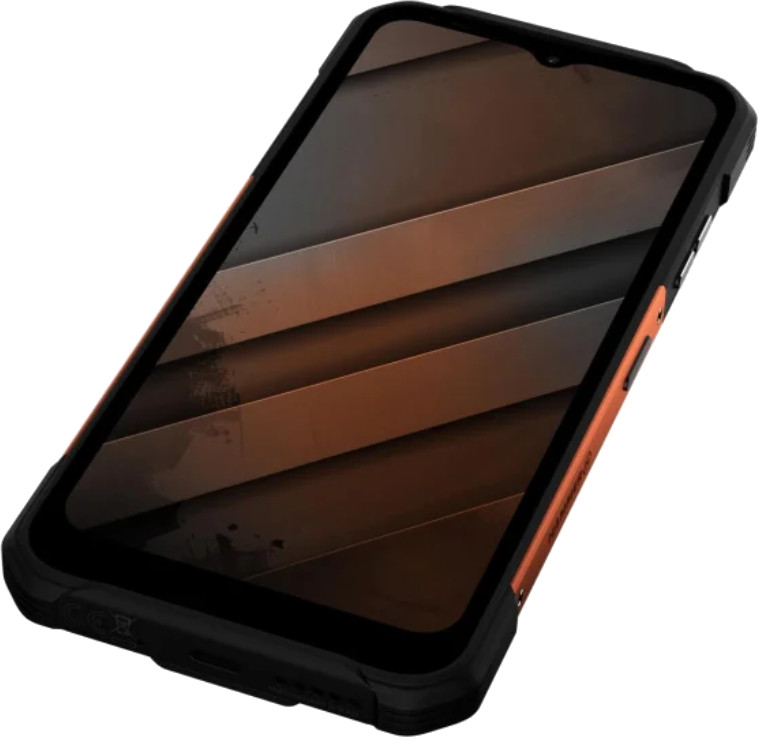 Czarno-pomarańczowy smartfon w wytrzymałym etui.