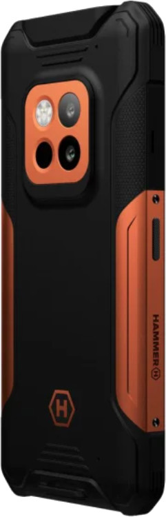 Wytrzymały smartfon, pomarańczowe akcenty na czarnym korpusie, z potrójnym aparatem i logo Hammer.