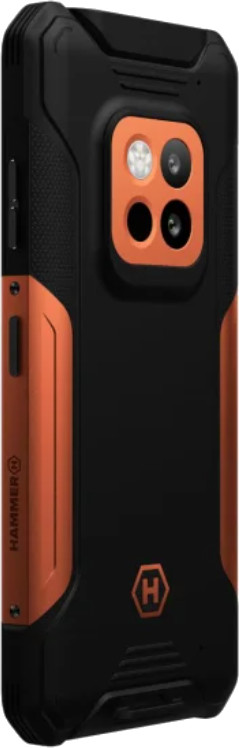 Czarny i pomarańczowy wytrzymały smartfon, wiele kamer, widok z boku, z logo 'Hammer'.