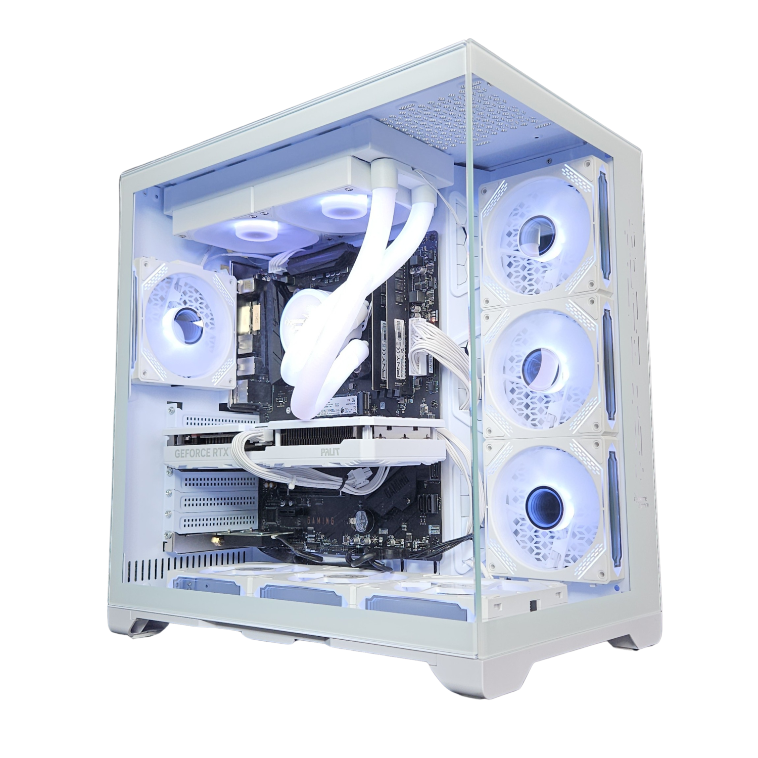 Witte computerkast met verlichte ventilatoren. Componenten binnenin. Doorzichtig zijpaneel.