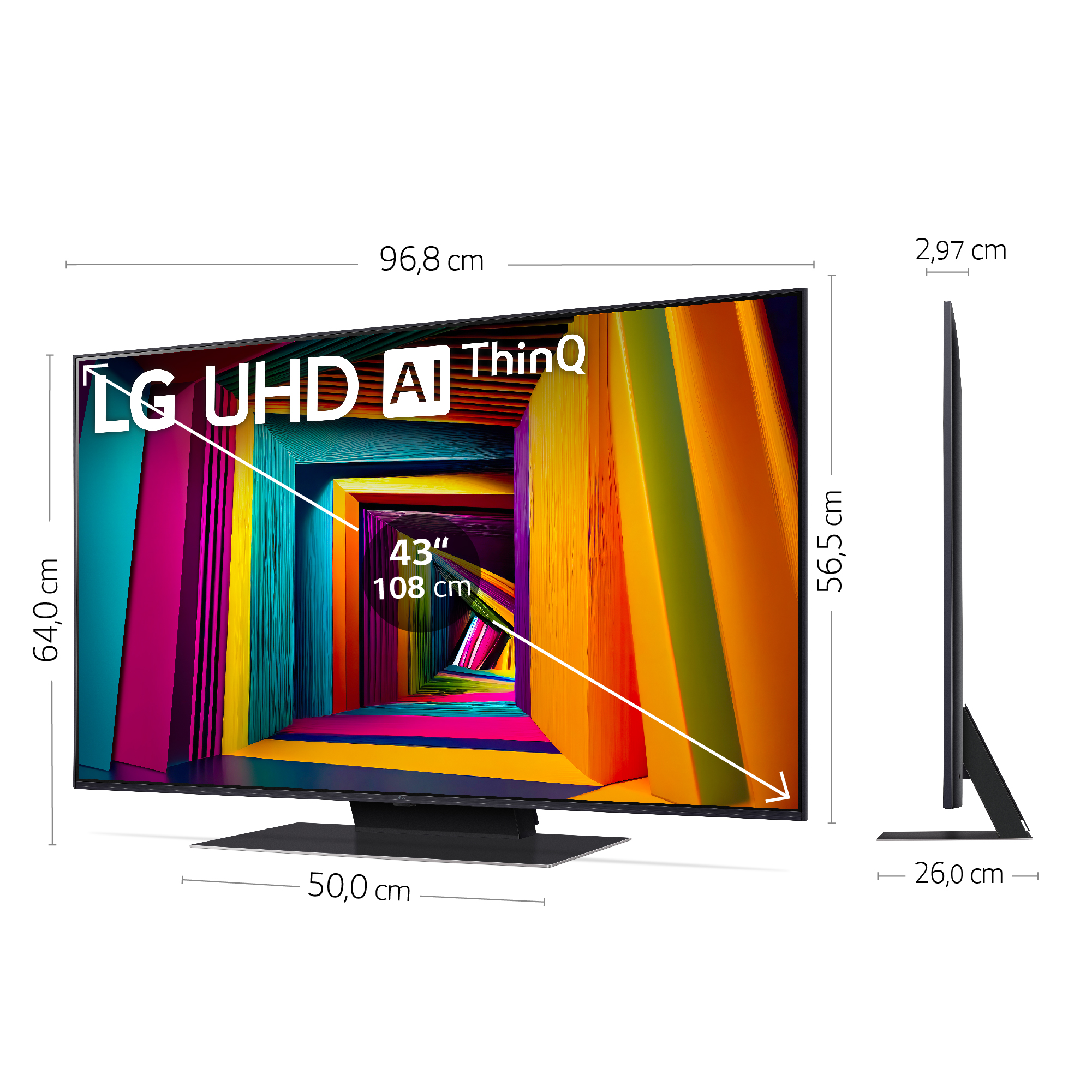Un televisor LG de 43 pulgadas con dimensiones y pantalla colorida.