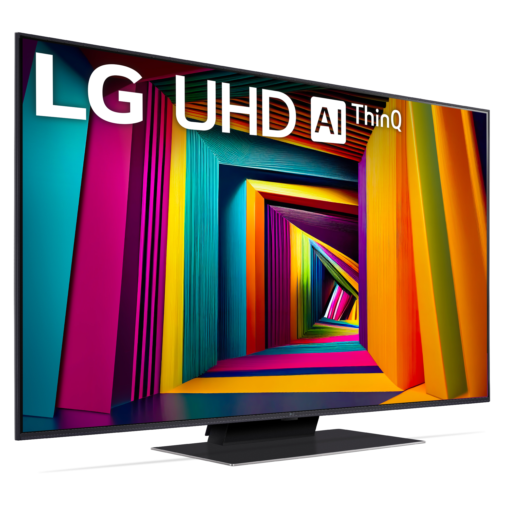 Gran TV LG UHD con un fondo abstracto y colorido. La pantalla está encendida.