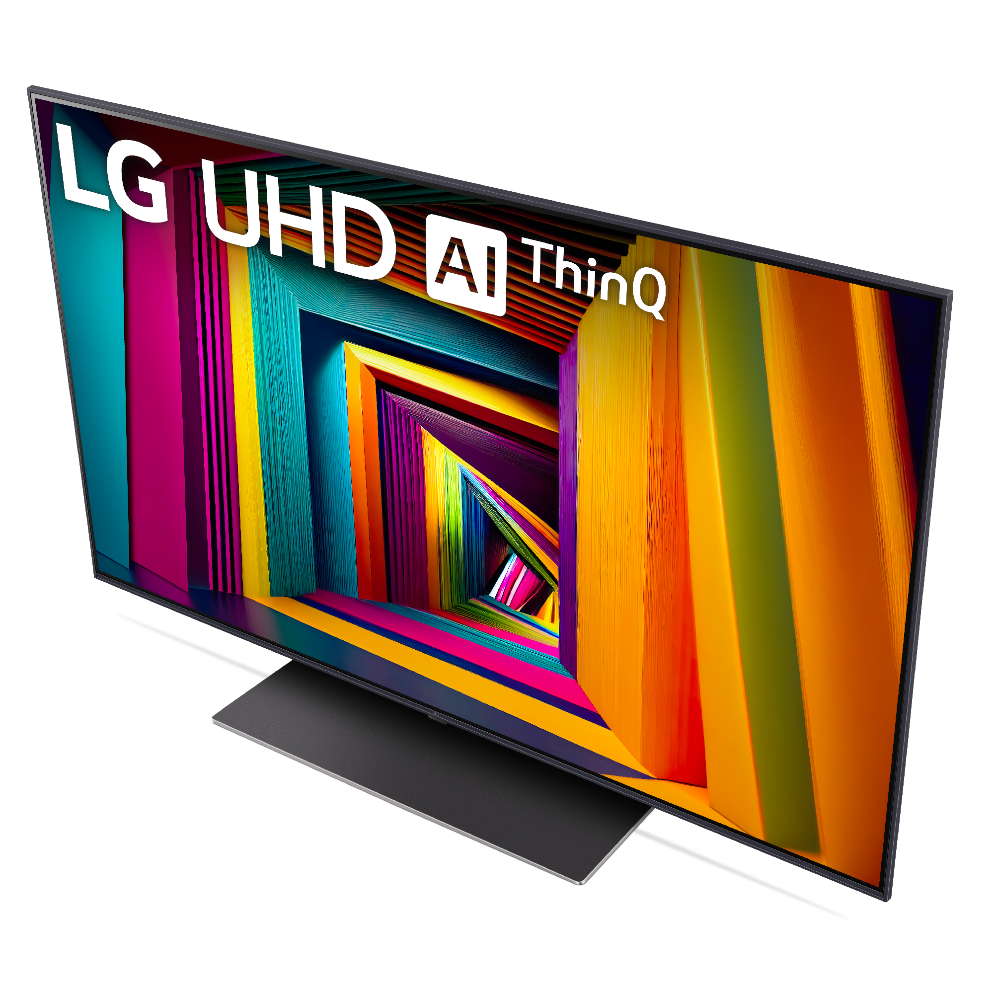 TV LG UHD AI ThinQ, vista superior en ángulo, pantalla colorida.