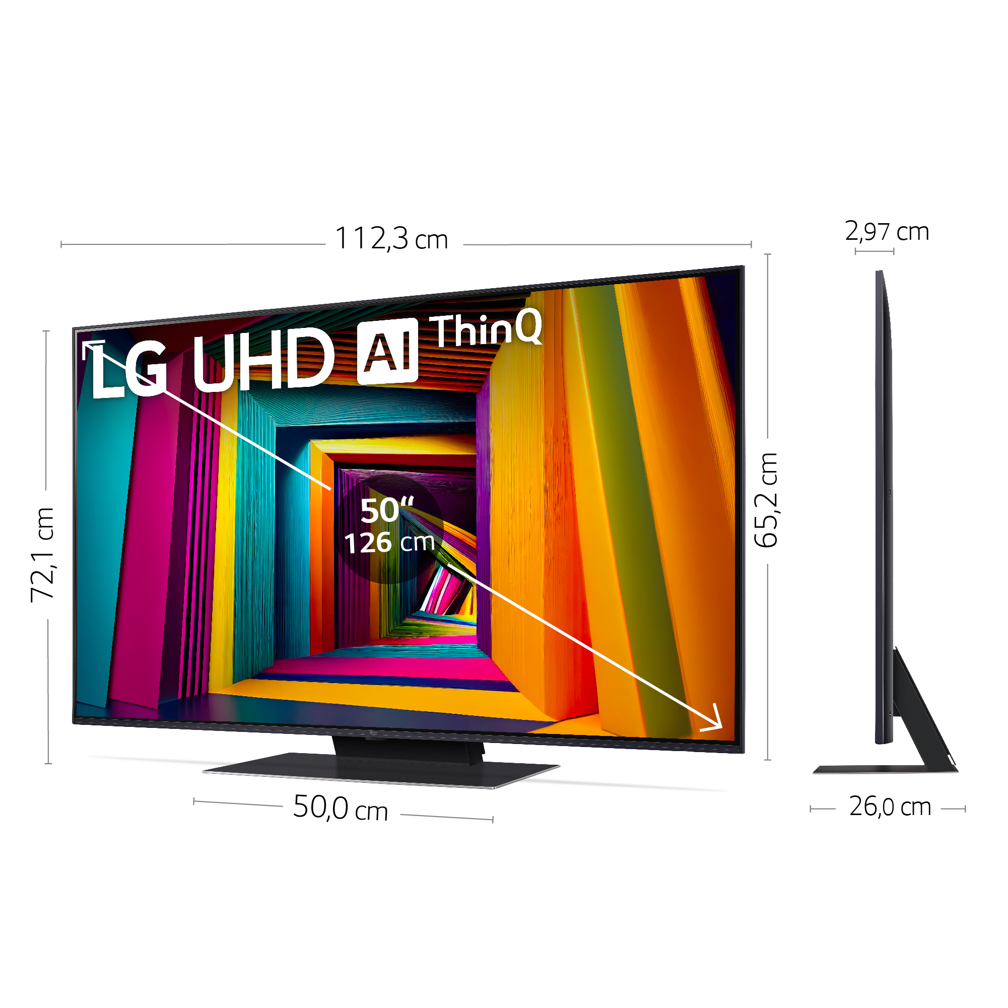 Un televisor LG UHD AI ThinQ con dimensiones mostradas, mostrando una imagen colorida.