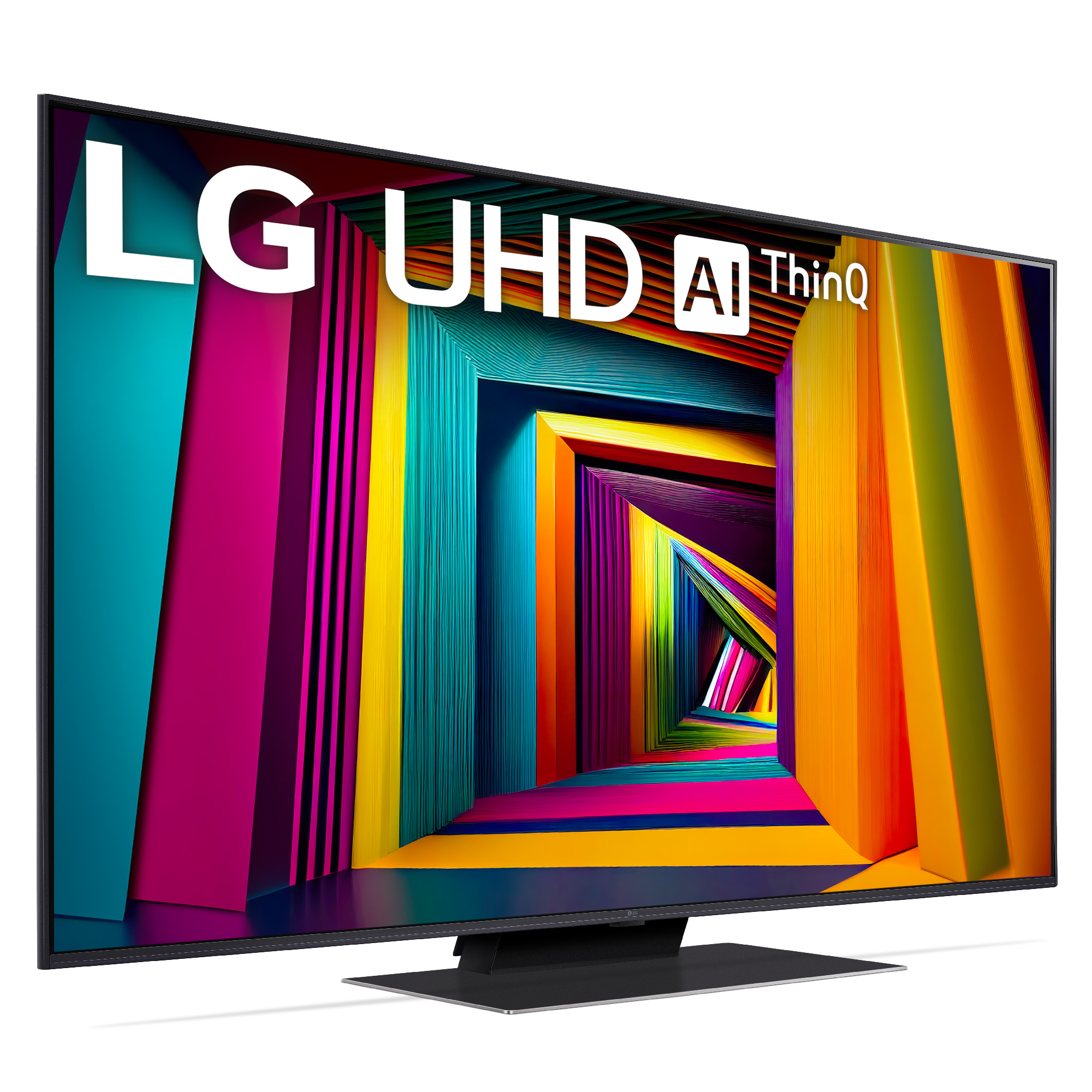 Un televisor LG UHD AI ThinQ que muestra un patrón abstracto colorido.